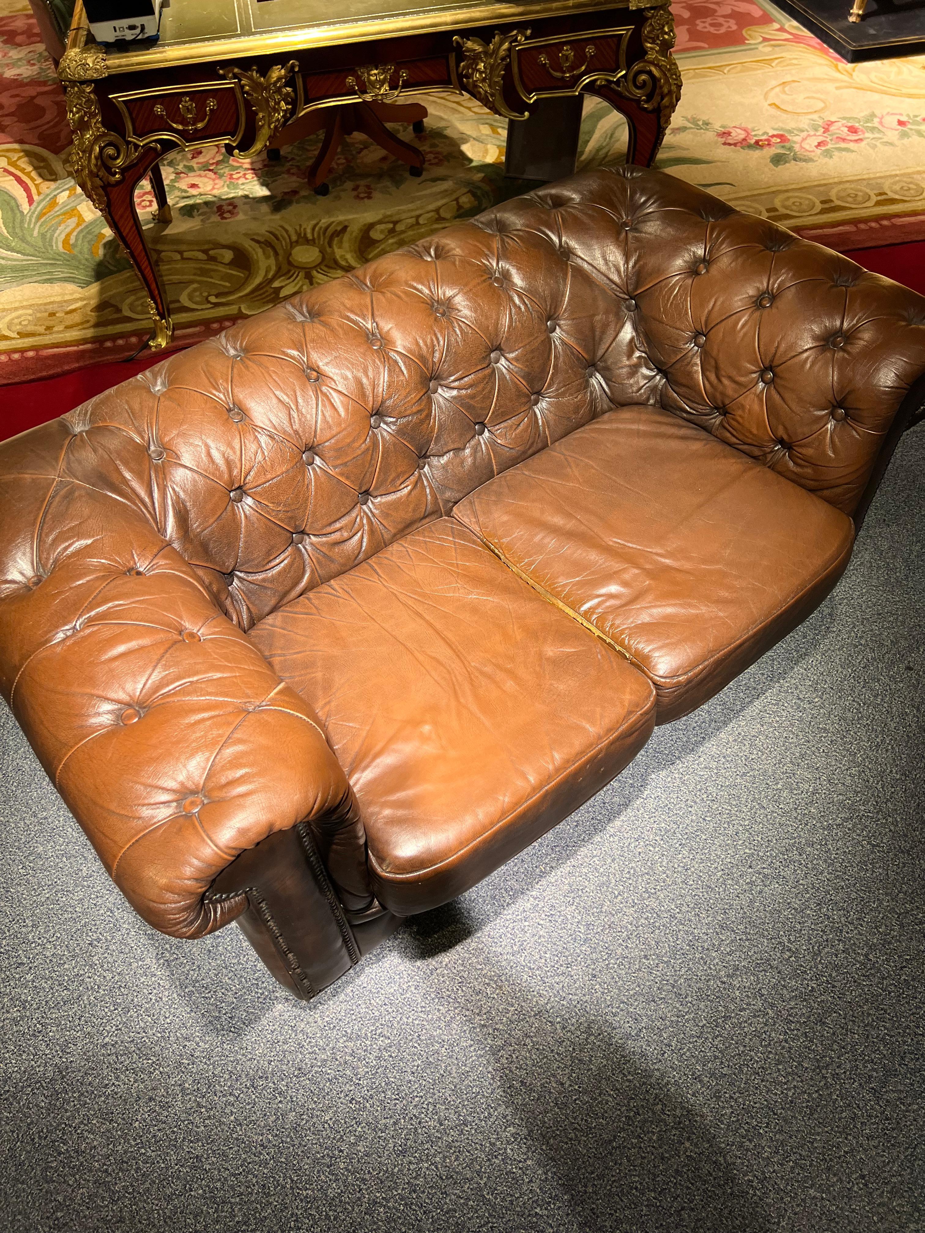 Original Chesterfield Vintage Brown Chesterfield Two-Seater Sofa 2