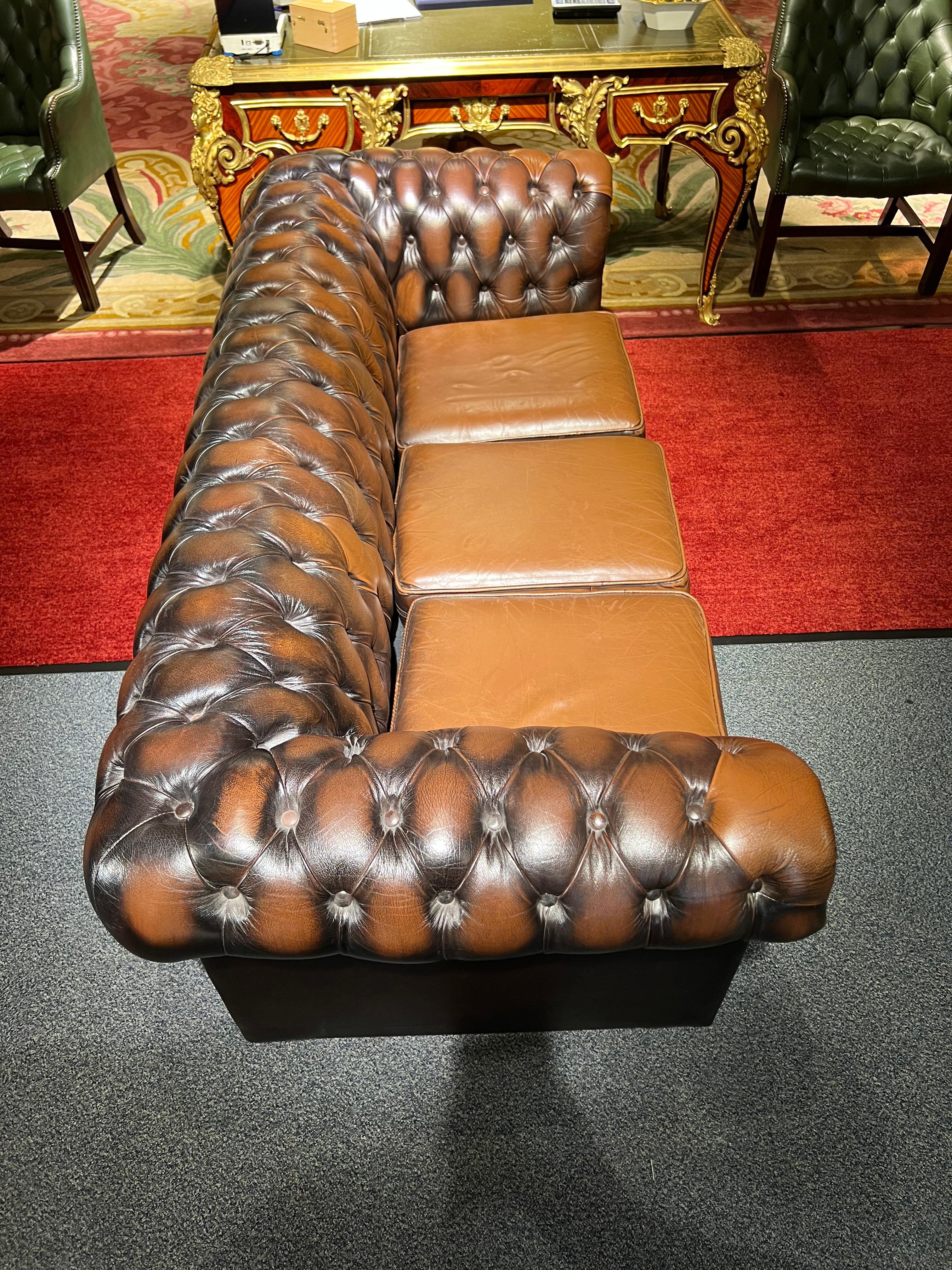 Original Chesterfield Vintage Brown Three Seat Sofa For Sale 6