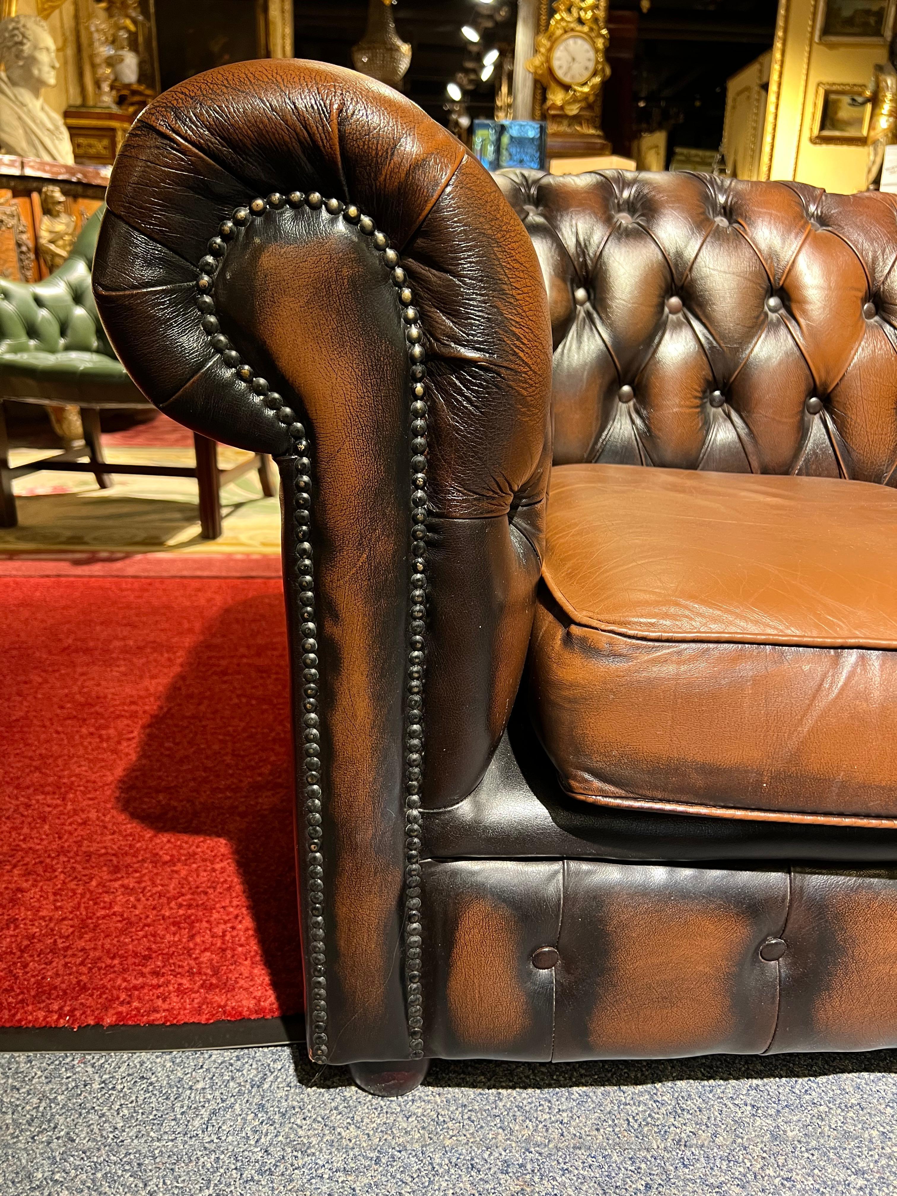 Original Chesterfield Vintage Brown Three Seat Sofa For Sale 7