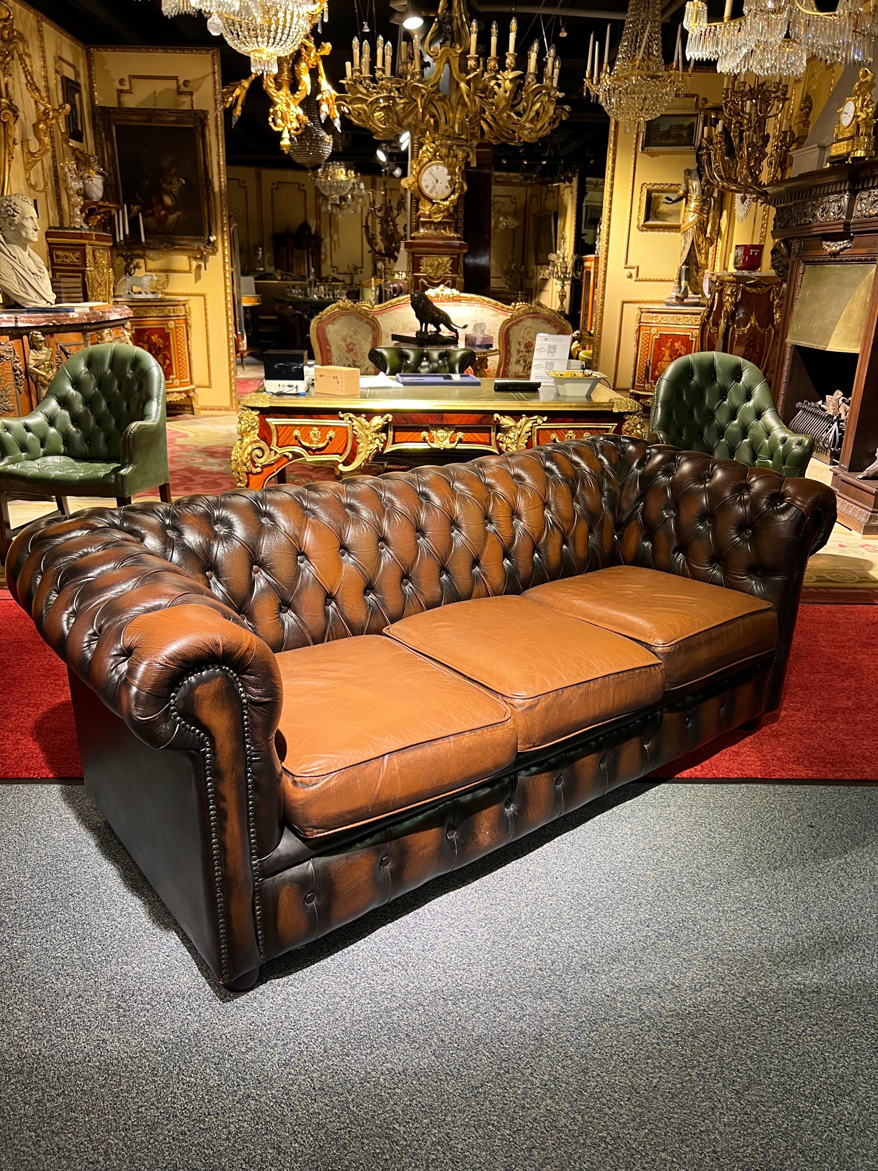 20th Century Original Chesterfield Vintage Brown Three Seat Sofa For Sale
