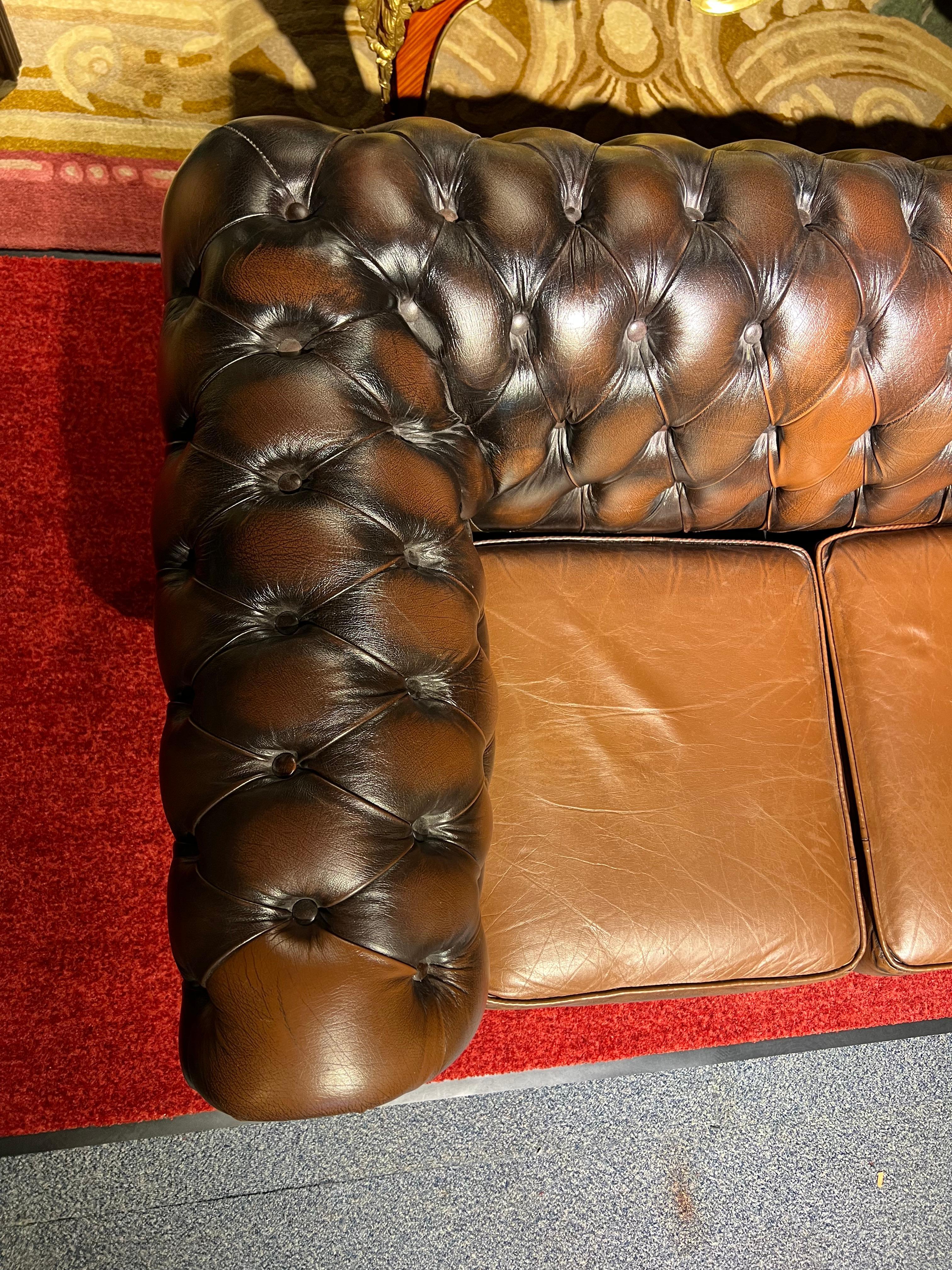 Leather Original Chesterfield Vintage Brown Three Seat Sofa For Sale