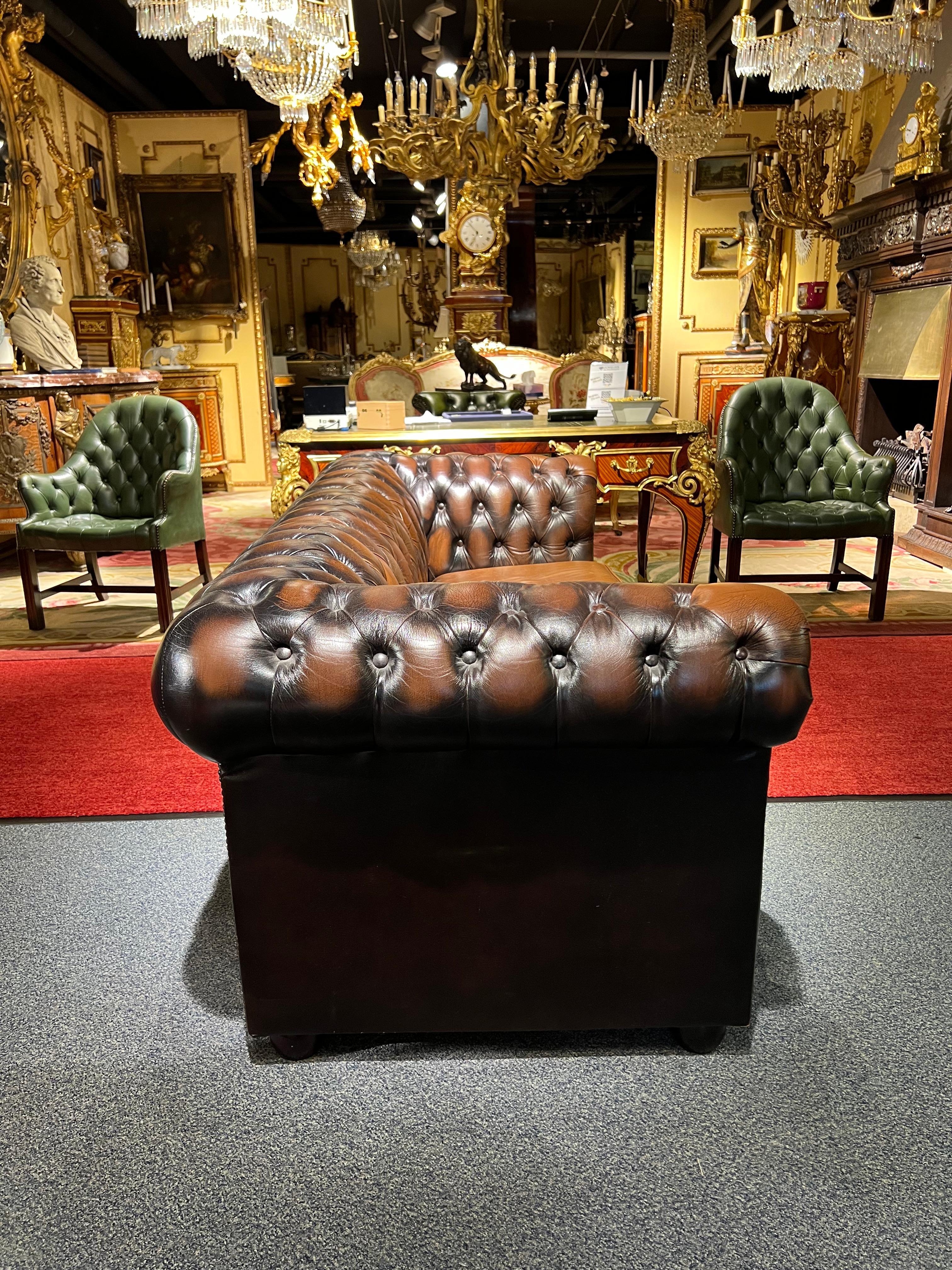 Original Chesterfield Vintage Brown Three Seat Sofa For Sale 1