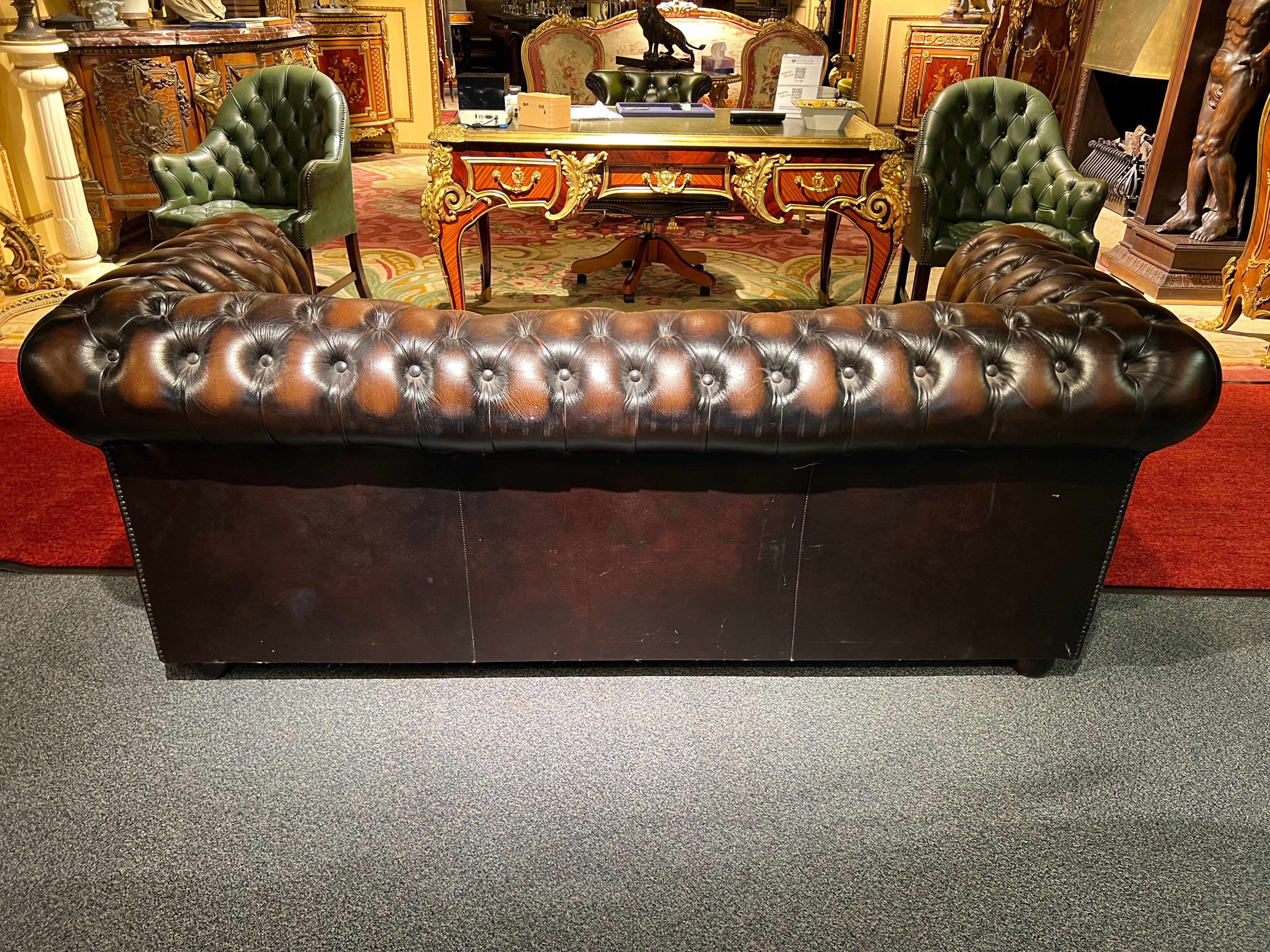 Original Chesterfield Vintage Brown Three Seat Sofa For Sale 2