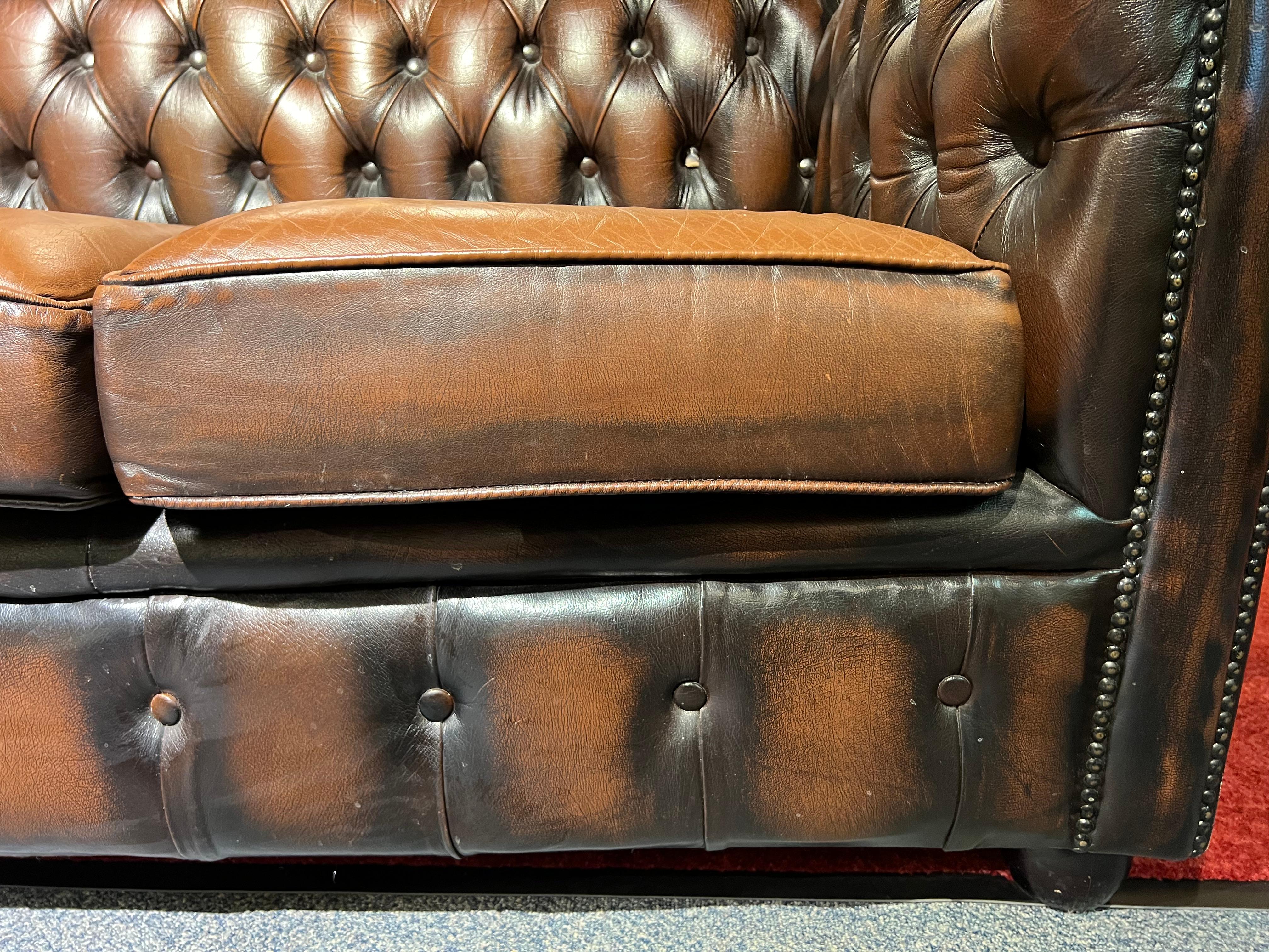 Original Chesterfield Vintage Brown Three Seat Sofa For Sale 3