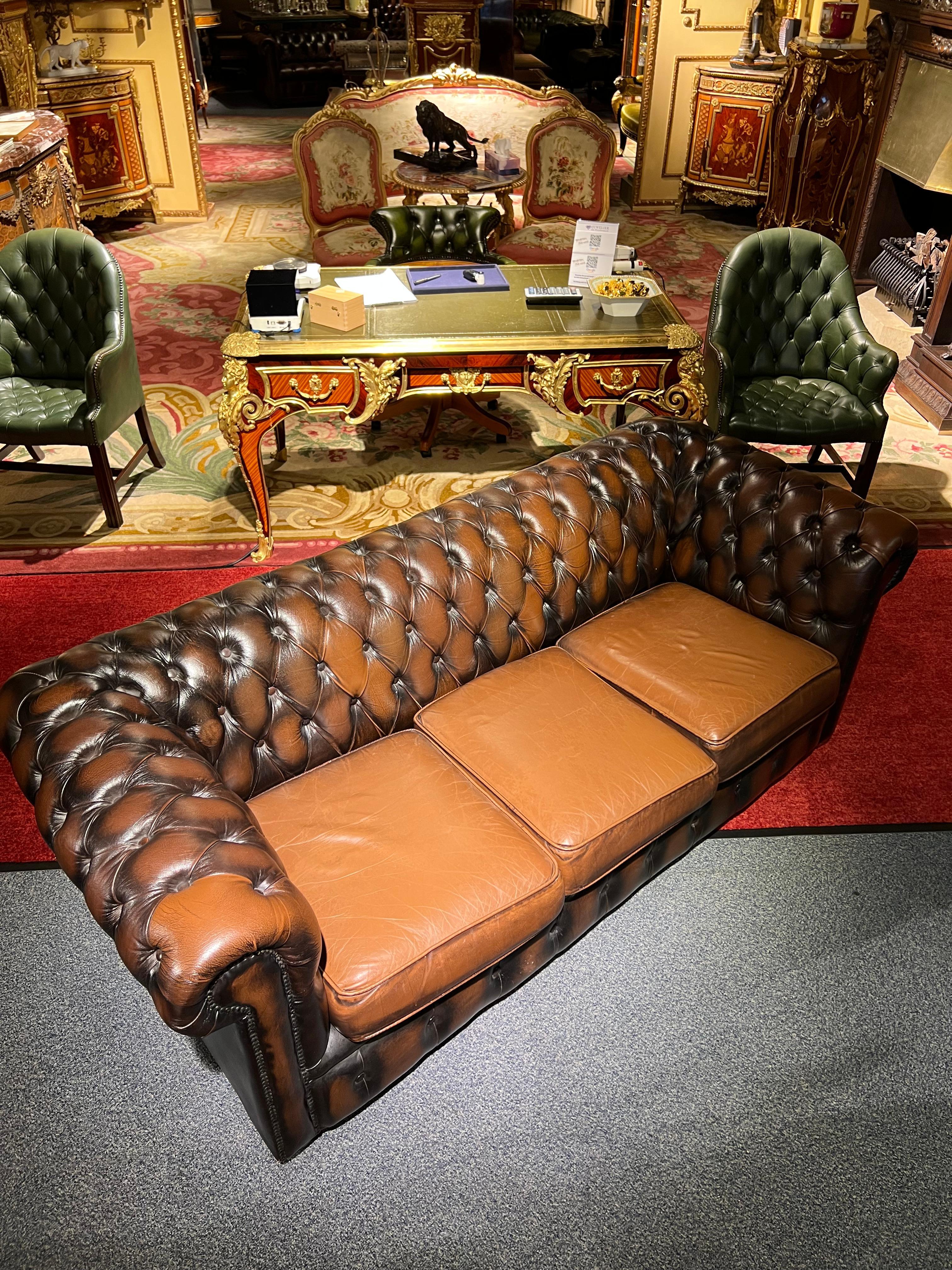 Original Chesterfield Vintage Brown Three Seat Sofa For Sale 4