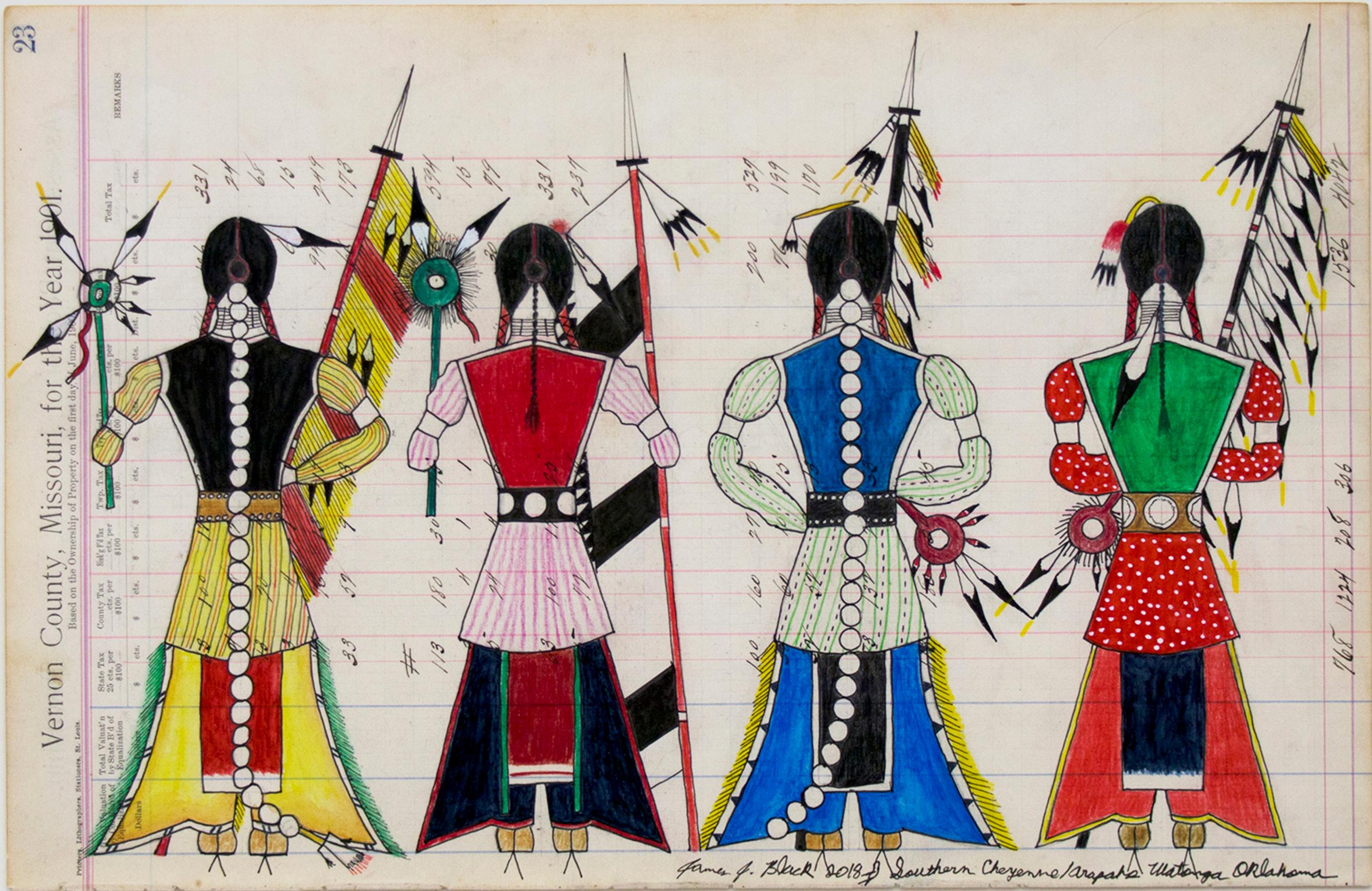 Original James black mixed media traditional style ledger drawing depicting Initiation Day for the Cheyenne Bowstring Society. Oil based colored pencil and ink on antique paper (part of a ledger marked 
