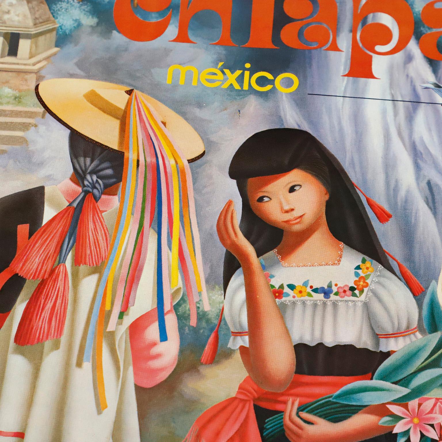 circa 1970. We offer this Original Chiapas, Mexicana Airlines Poster by Regina Raull.

Regina Raull was a Spanish painter with residence in Mexico City. A native of Bilbao, Raull emigrated from Spain with her family in 1939, arriving in Mexico in