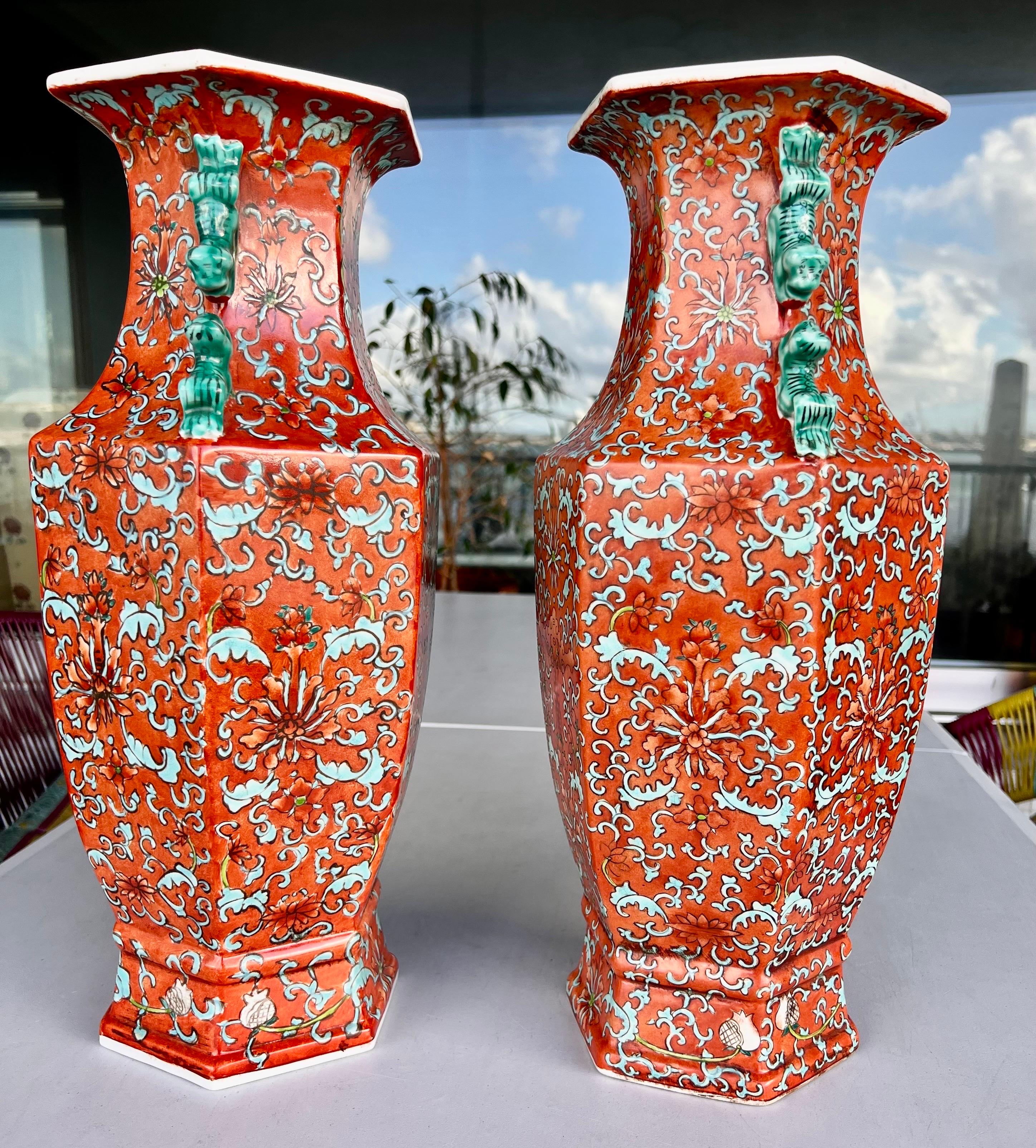 Chinese Ceramic vases mid XX century with option for electricity and convert them in lamps.
Beautiful pieces for central decor of living room or main reception area.
Beautiful Coral and green design and dragons. 
Sizes 43x20 cm / 16.92 x 7.87