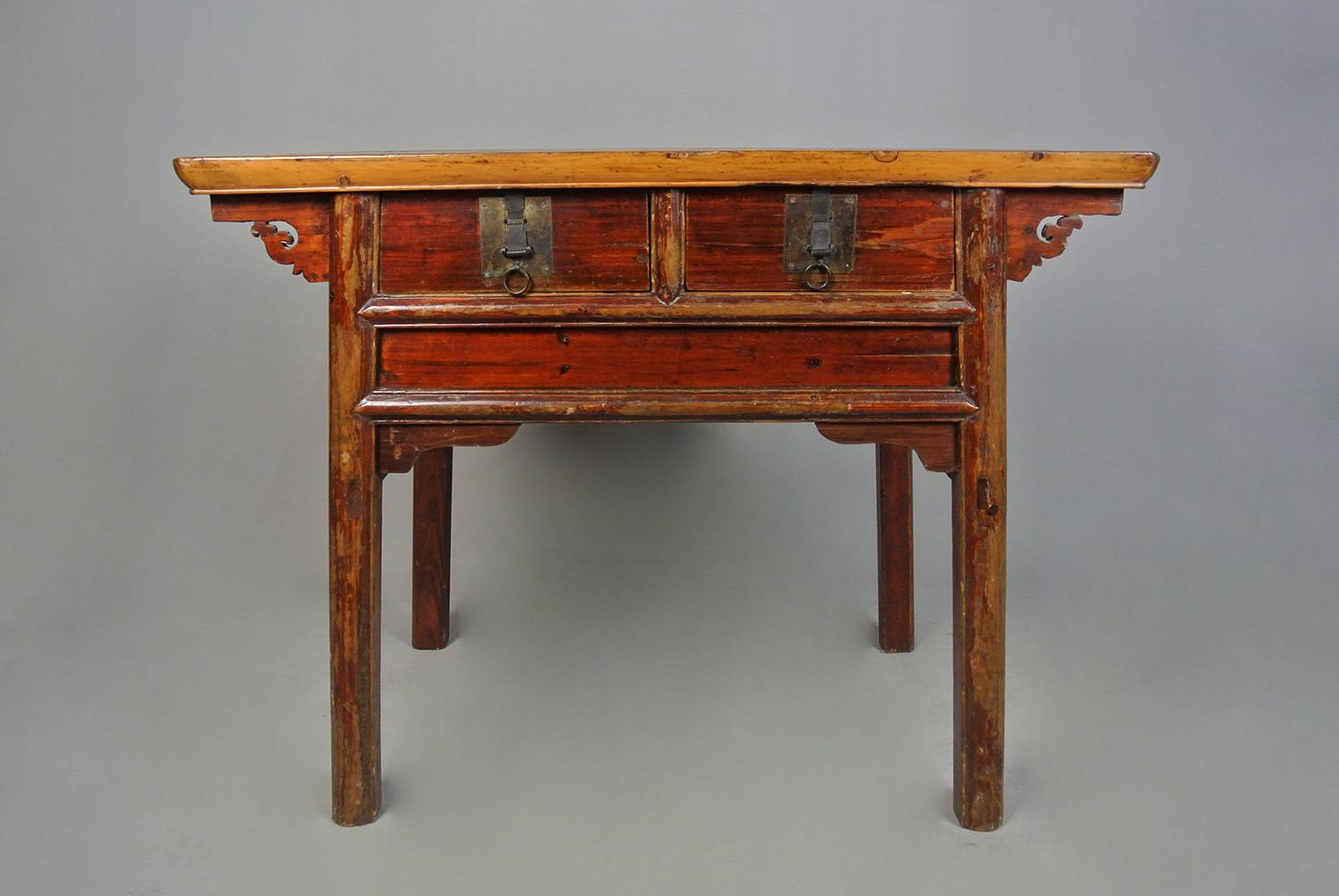19th Century Original Chinese Elm and Bronze Lowboy Altar Table c. 1830 For Sale