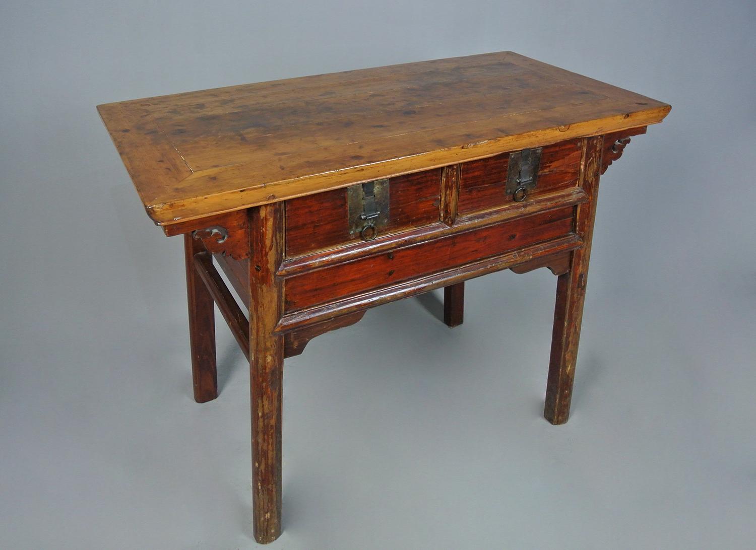 Original Chinese Elm and Bronze Lowboy Altar Table c. 1830 For Sale 3