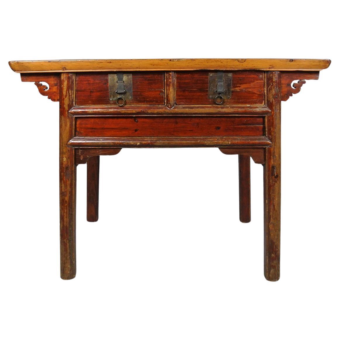 Original Chinese Elm and Bronze Lowboy Altar Table c. 1830 For Sale