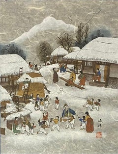 Original Chinese Gouache on Mulberry Paper A Mountainous Winter Scene