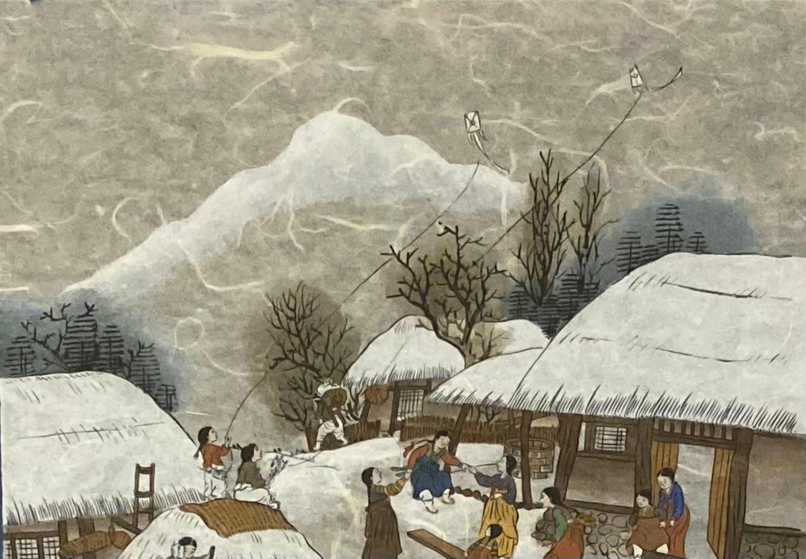Folk Art Original Chinese Gouache on Mulberry Paper A Mountainous Winter Scene For Sale
