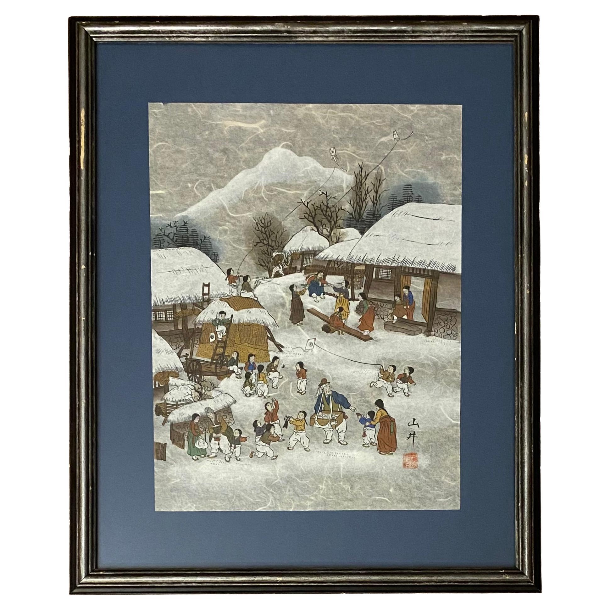 Original Chinese Gouache on Mulberry Paper A Mountainous Winter Scene