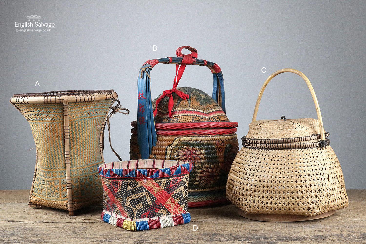 Salvaged original Chinese woven wicker baskets. A is 24 cm diameter x 26 cm high. B is 30 cm wide, 27 cm diameter at the bottom x 39 cm high. C is 28 cm wide x 32 cm high x 25 cm deep. D is 19 cm wide x 12 cm high x 14 cm deep. Wear to all from past