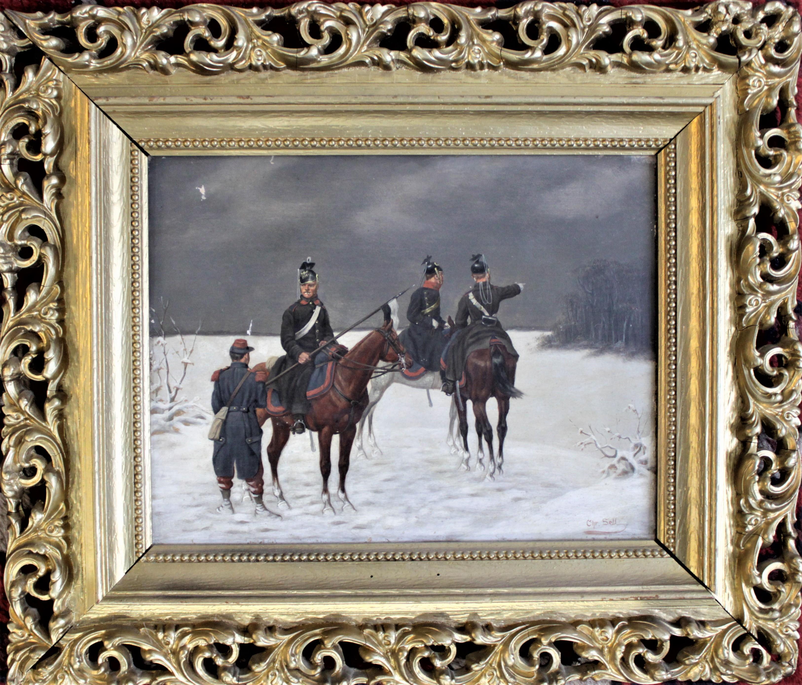 This well executed original oil painting on wood panel was done by Christian Sell the Younger in circa 1880 in his realistic style. The painting portrays soldiers standing and on horseback on the battlefield in winter. The painting is signed in the