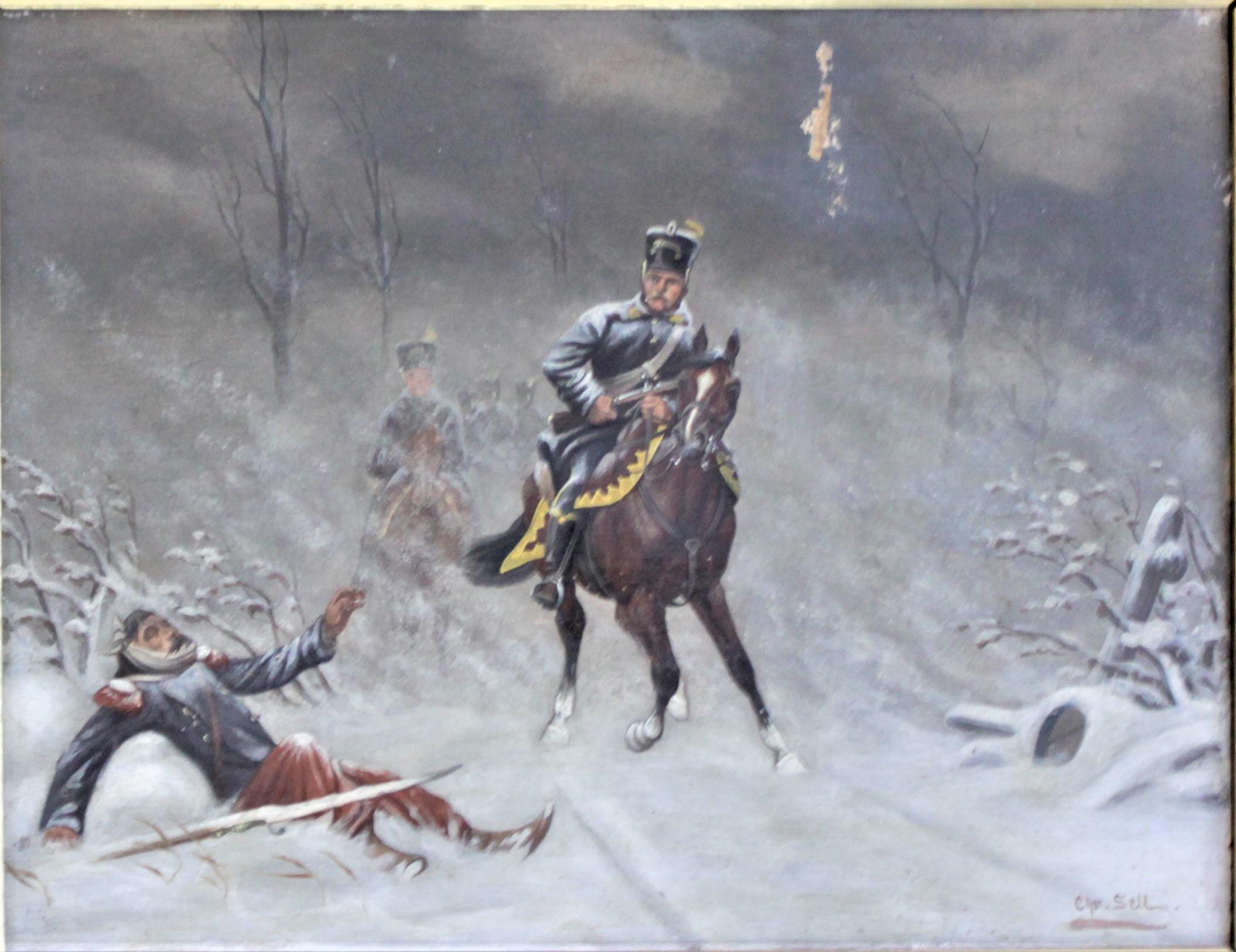 This well executed original oil painting on wood panel was done by Christian Sell the Younger in circa 1880 in his realistic style. The painting portrays soldiers on horseback in the battlefield during a severe winter snowstorm and in the