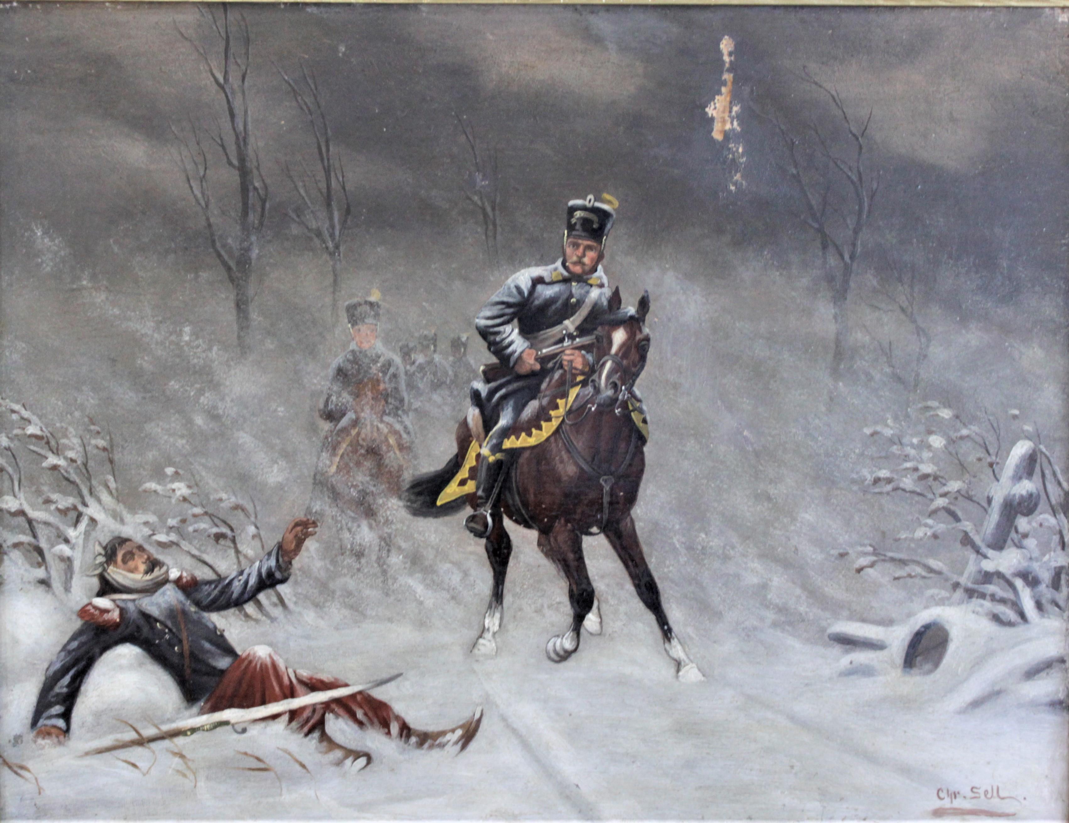 Early Victorian Original Christian Sell Oil Painting on Panel of Soldiers in Battle For Sale