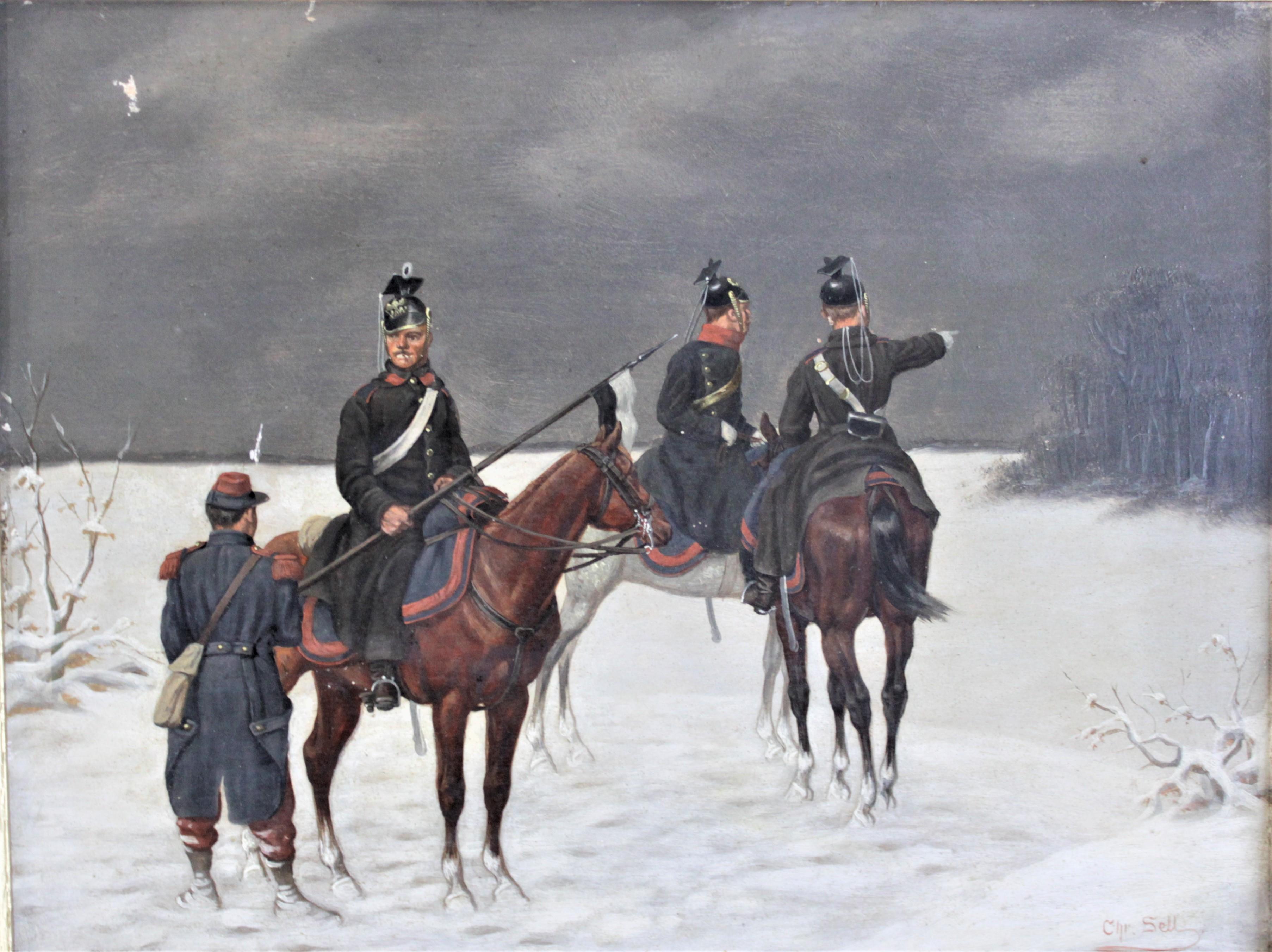 German Original Christian Sell Oil Painting on Panel of Soldiers in Battle For Sale
