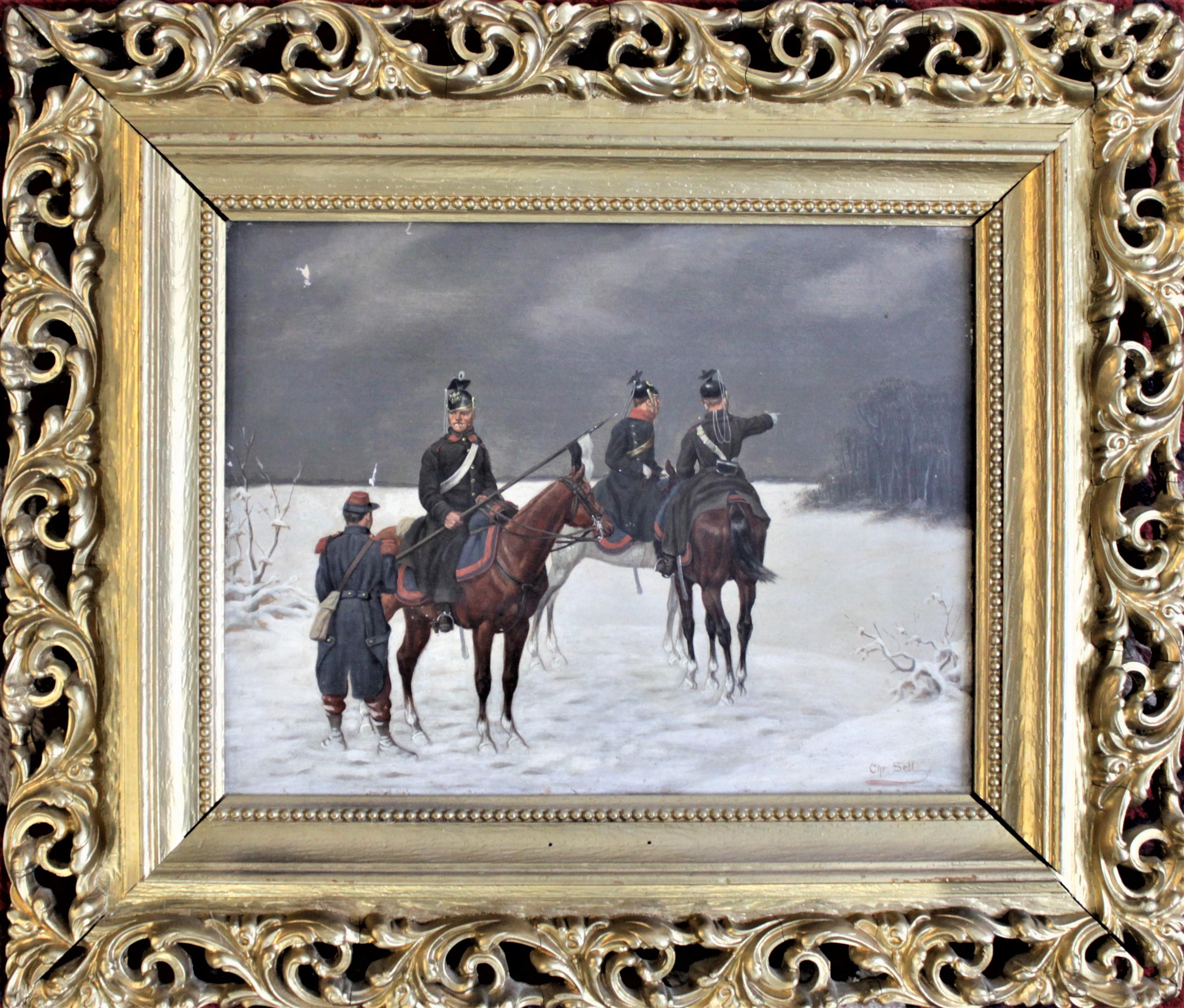 Original Christian Sell Oil Painting on Panel of Soldiers in Battle In Fair Condition For Sale In Hamilton, Ontario