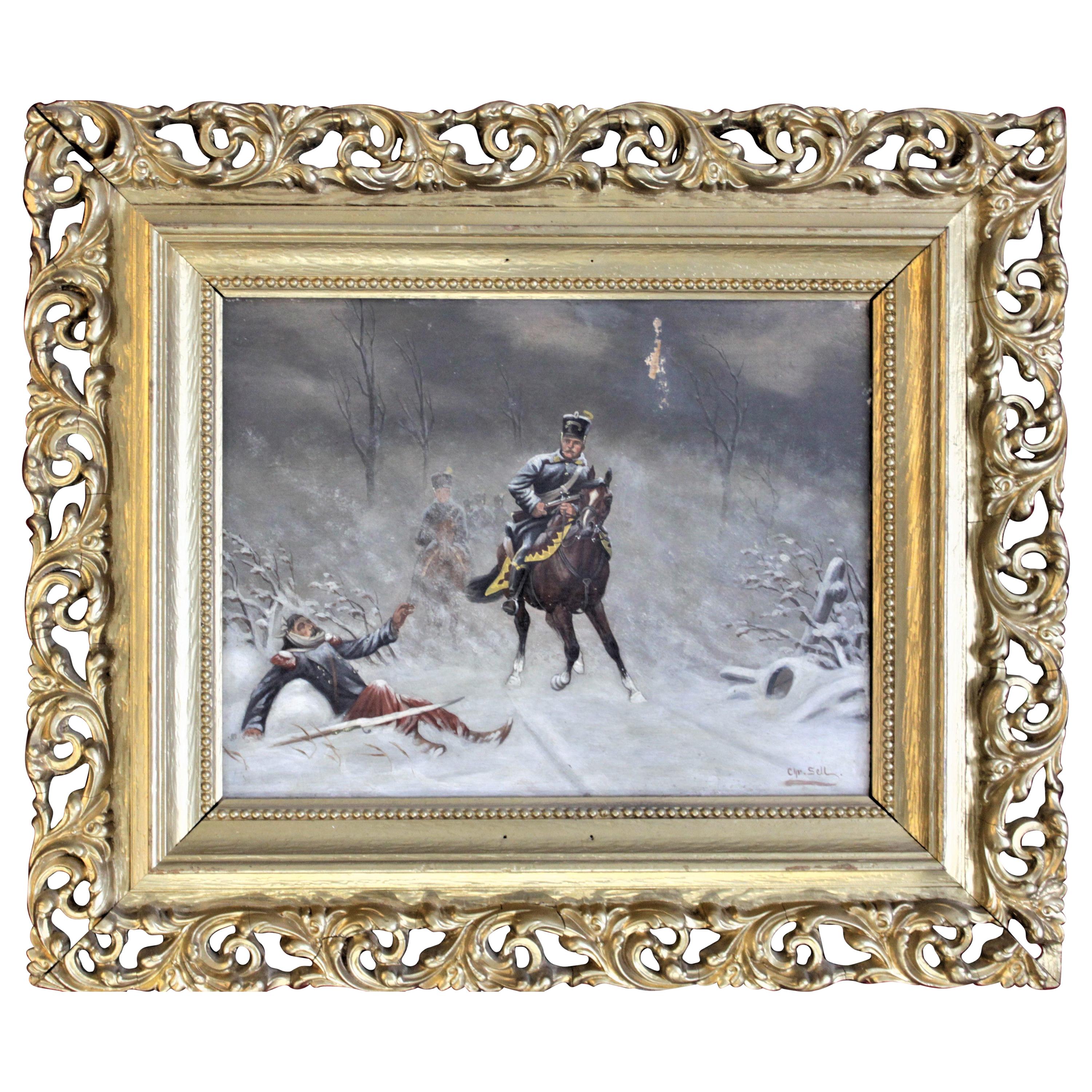 Original Christian Sell Oil Painting on Panel of Soldiers in Battle For Sale