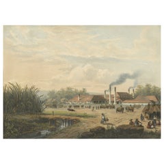 Cromolitografía original de una fábrica de azúcar en Java, Indonesia, 1872
