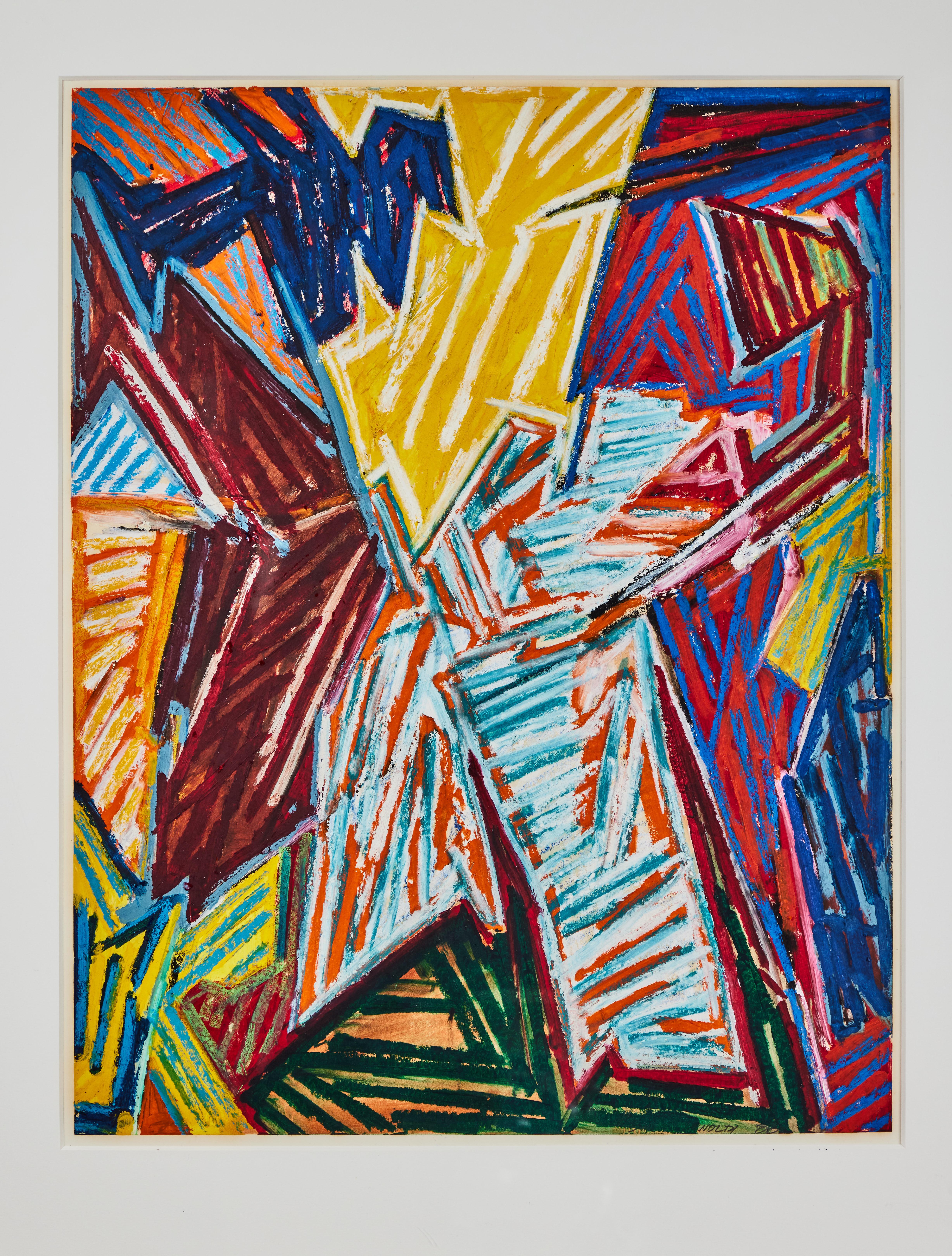 A graphic, vibrant, signed and dated, 1988 acrylic-on-paper artwork by listed, decorated American artist, Charles Arnoldi (b. 1946). Held in a beautiful, silver water gilt frame. Select public collections: Chicago Art Institute, Illinois; Denver Art