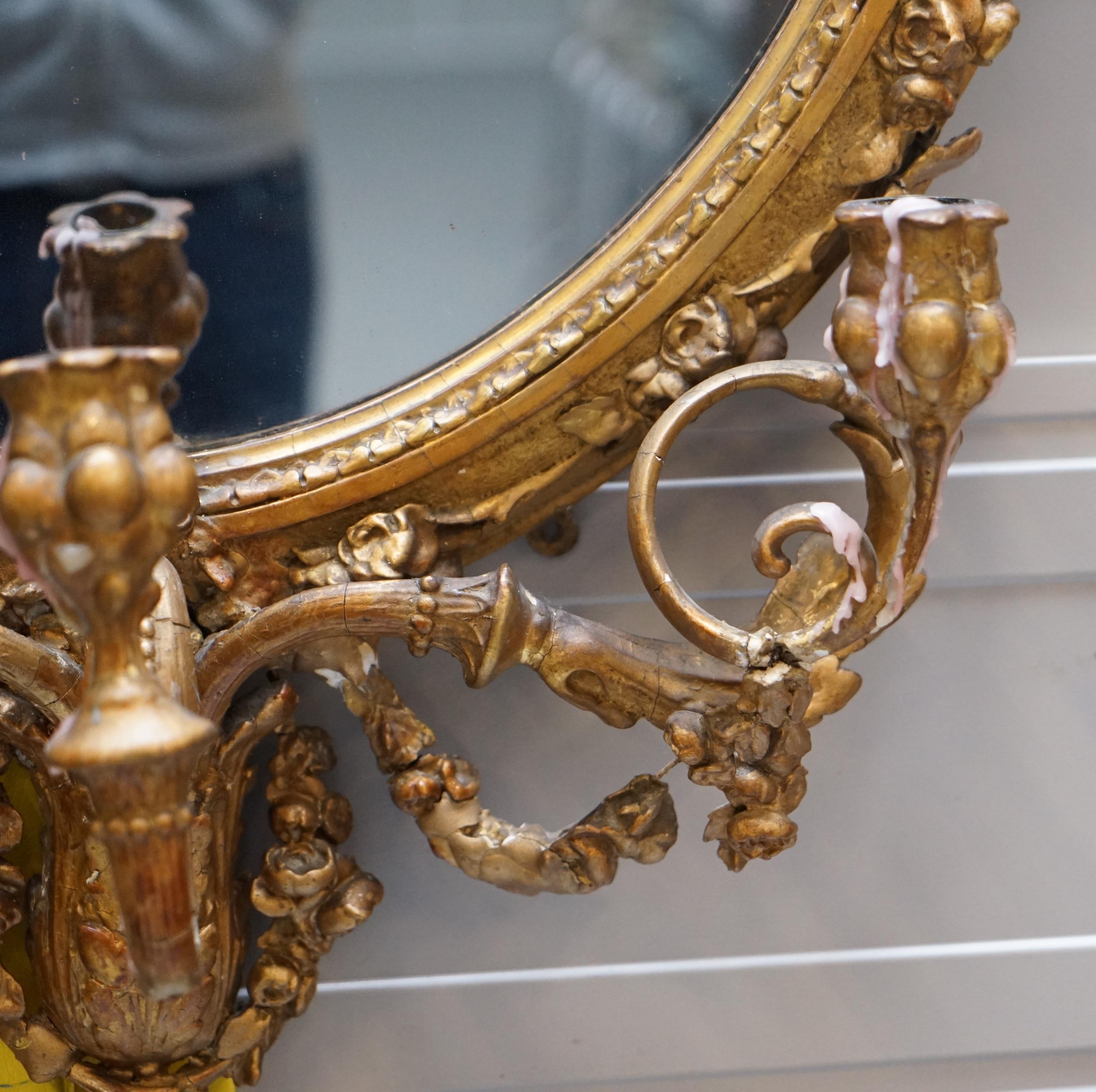 Original circa 1800 Gold Gilt Frame Girandole Mirror Carved Cherub Putti Angel For Sale 1