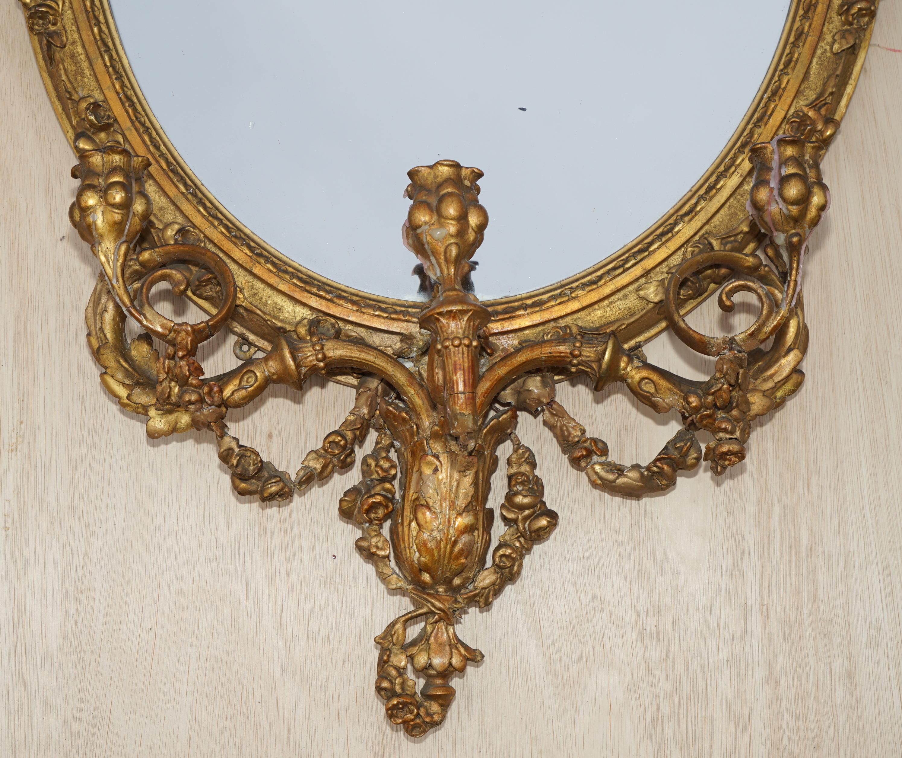 Original circa 1800 Gold Gilt Frame Girandole Mirror Carved Cherub Putti Angel For Sale 4