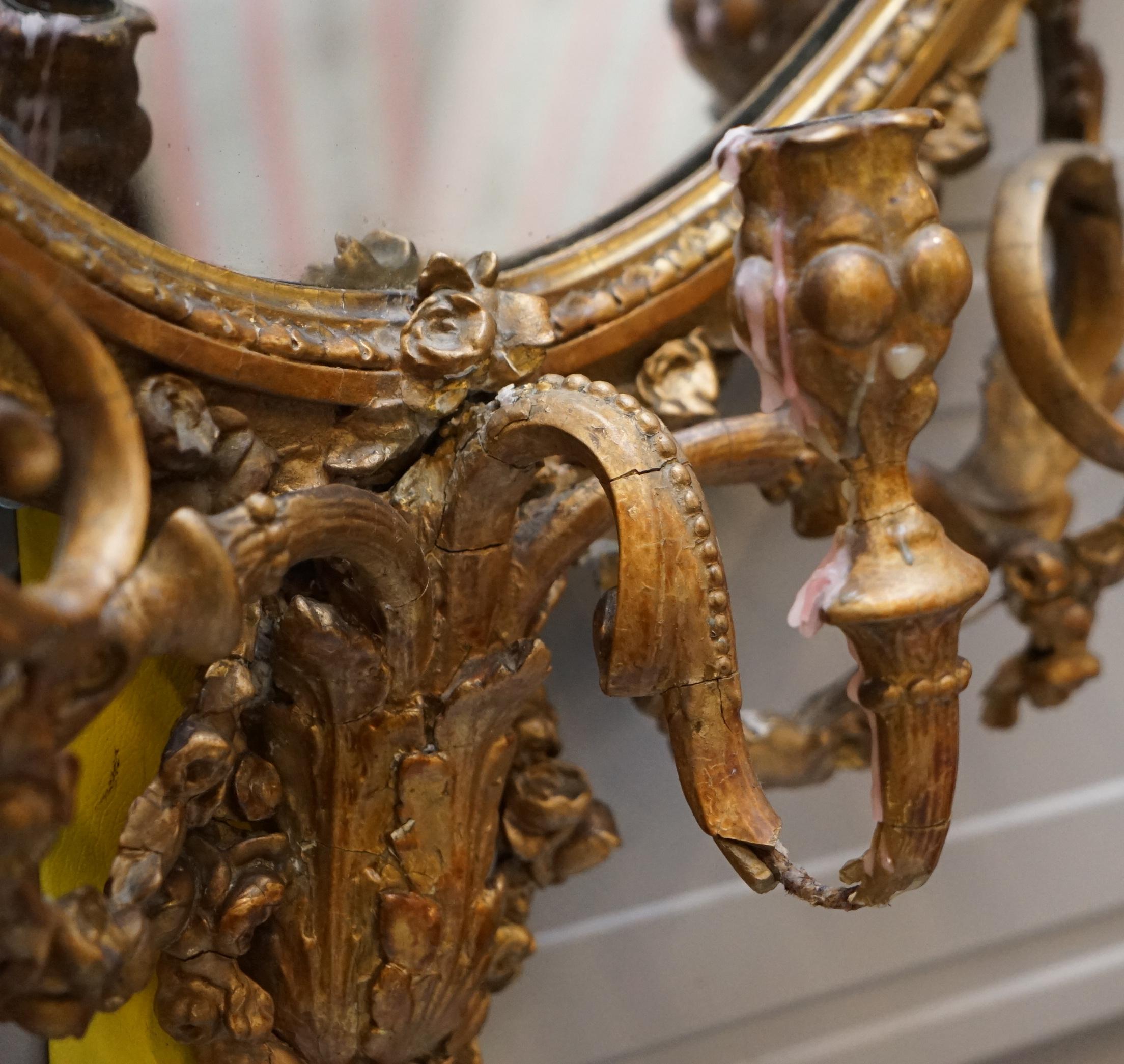Original circa 1800 Gold Gilt Frame Girandole Mirror Carved Cherub Putti Angel For Sale 2