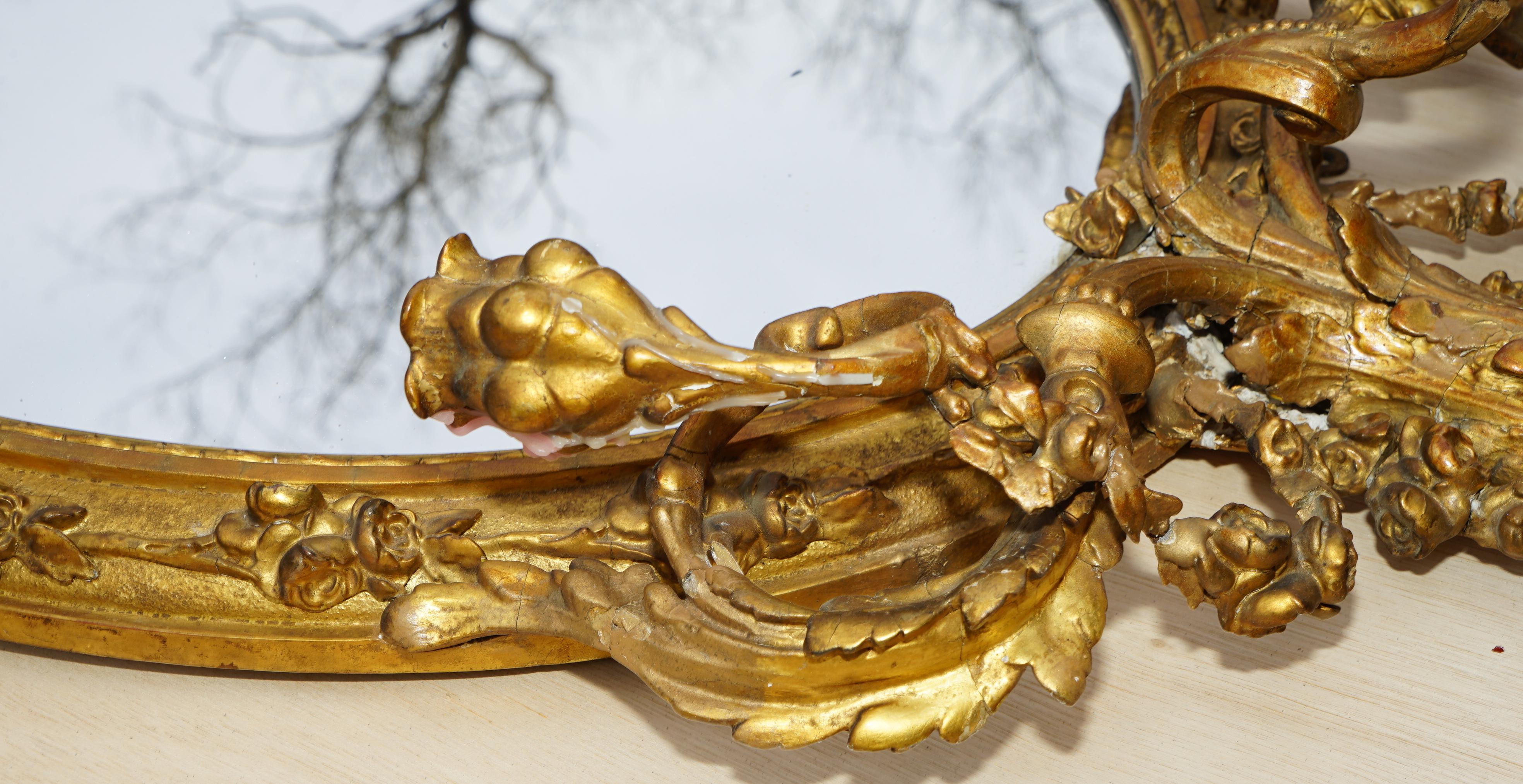 Original circa 1800 Gold Gilt Frame Girandole Mirror Carved Cherub Putti Angel For Sale 5