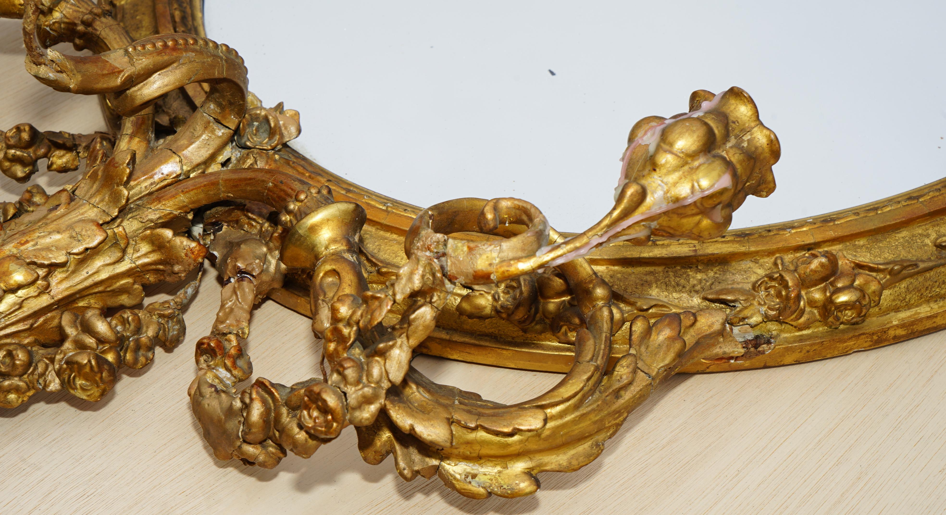 Original circa 1800 Gold Gilt Frame Girandole Mirror Carved Cherub Putti Angel For Sale 6