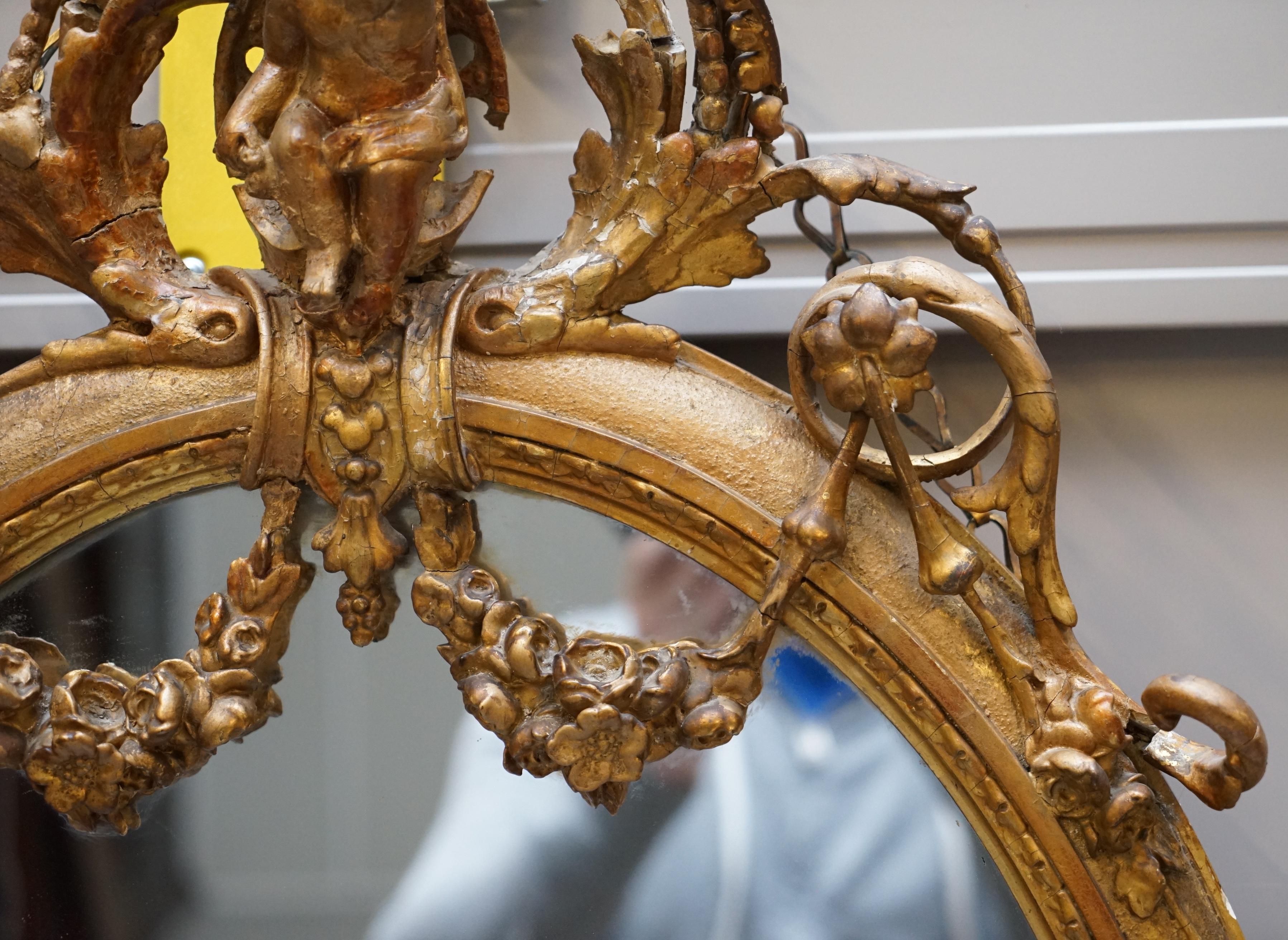 Original circa 1800 Gold Gilt Frame Girandole Mirror Carved Cherub Putti Angel For Sale 4