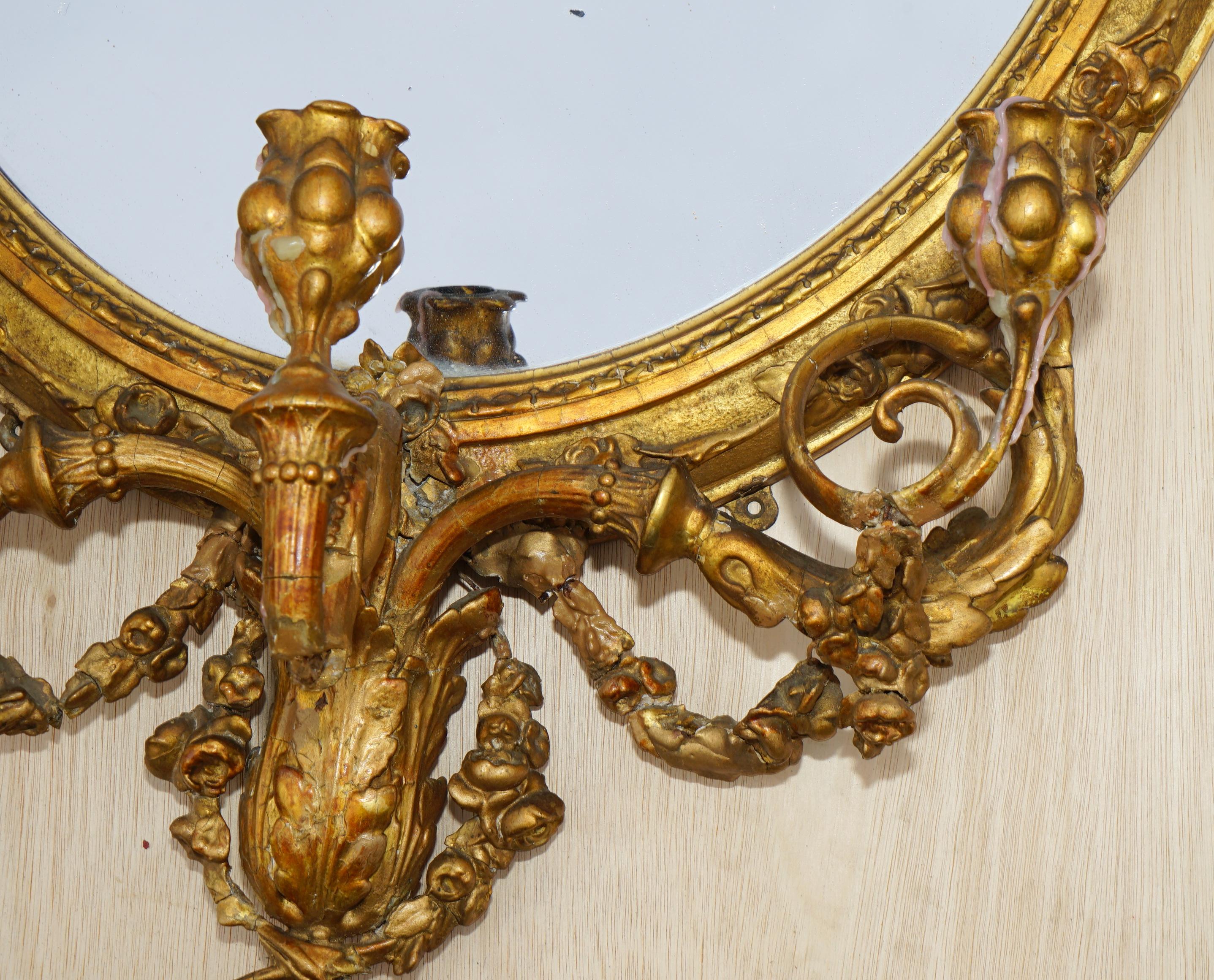 Original circa 1800 Gold Gilt Frame Girandole Mirror Carved Cherub Putti Angel For Sale 7