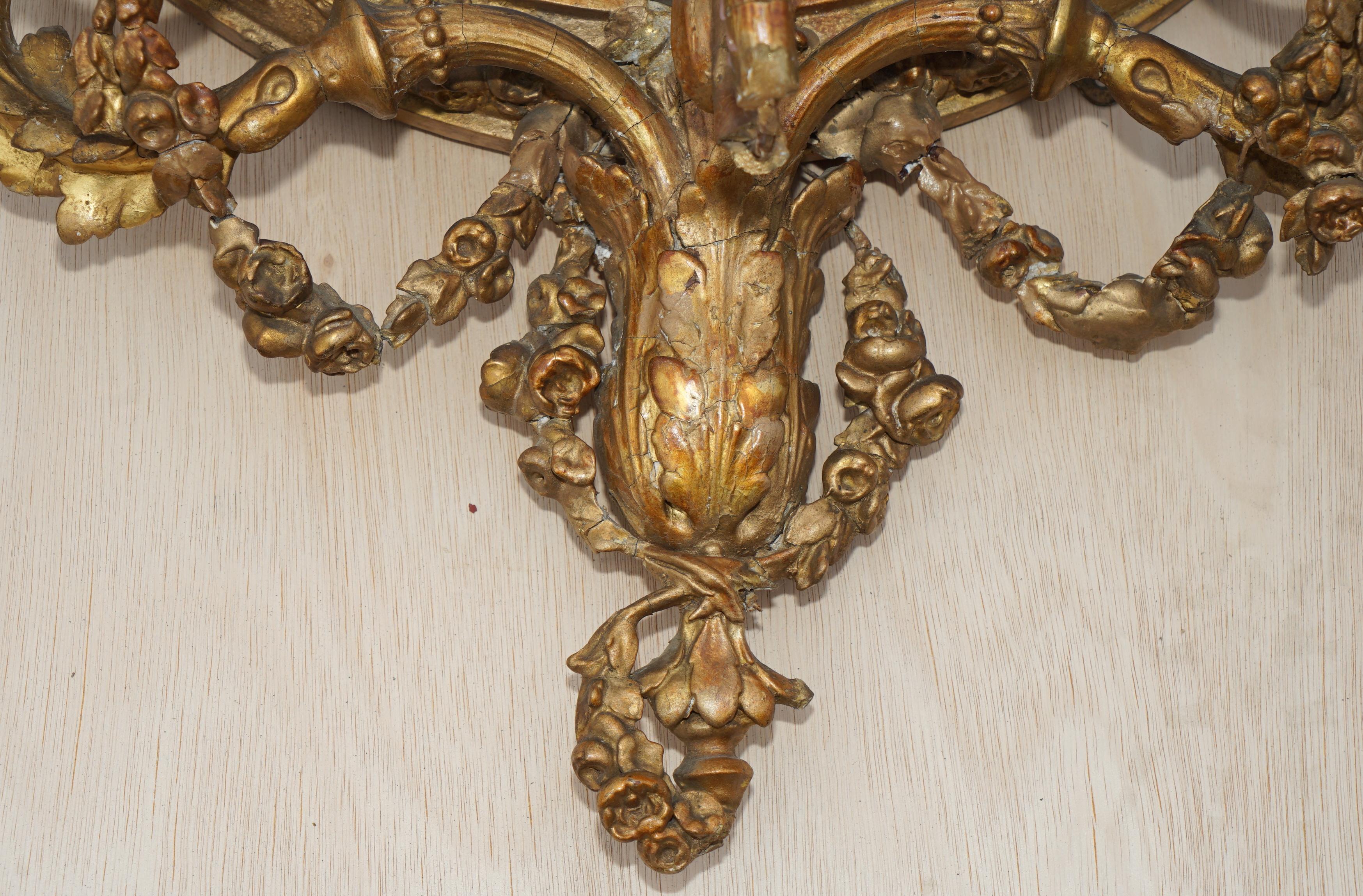 Original circa 1800 Gold Gilt Frame Girandole Mirror Carved Cherub Putti Angel For Sale 8