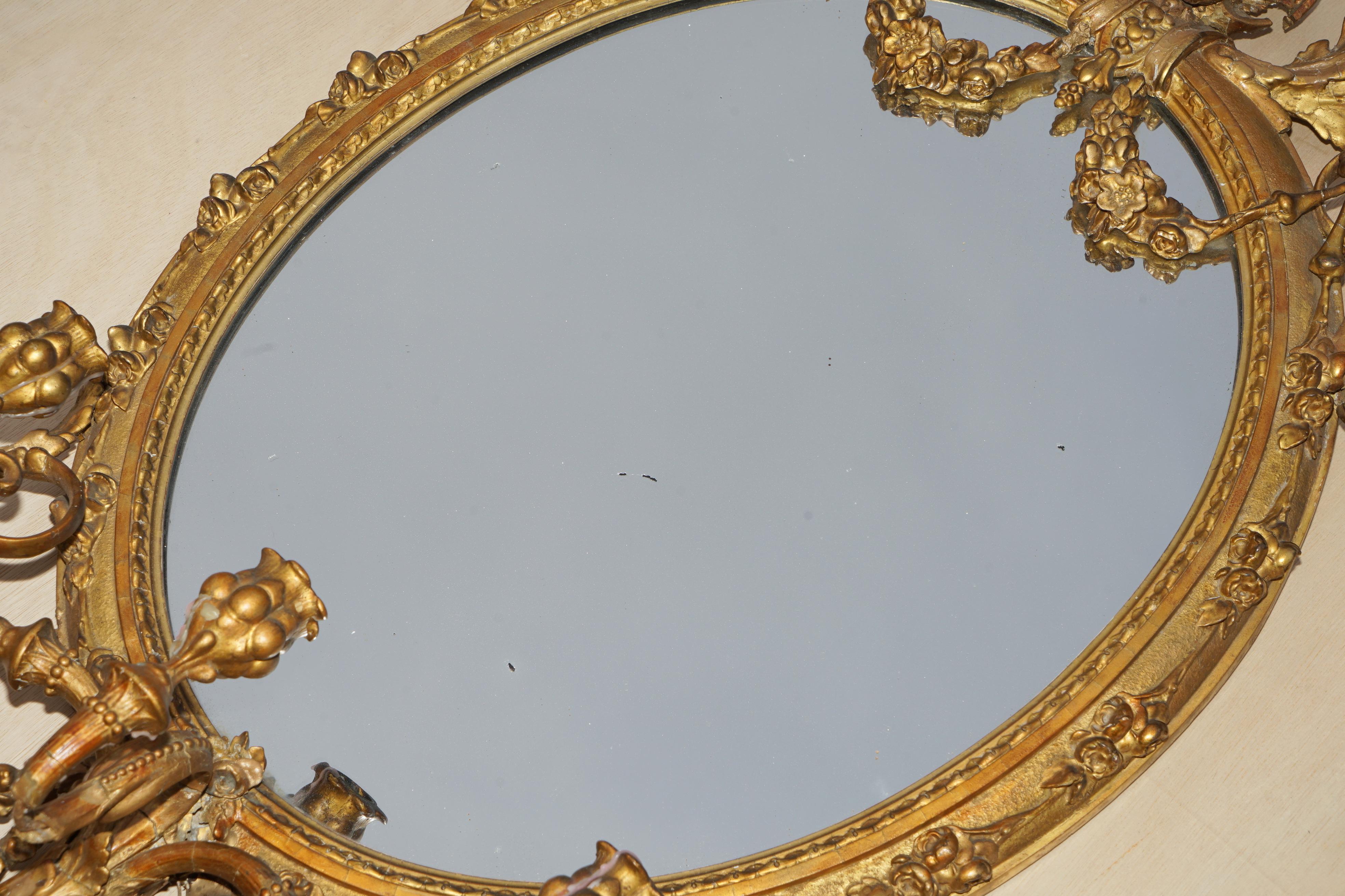 Original circa 1800 Gold Gilt Frame Girandole Mirror Carved Cherub Putti Angel For Sale 10