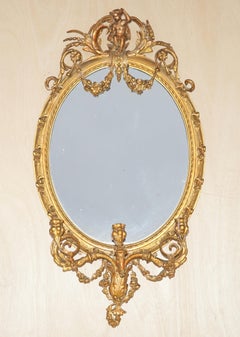 Original circa 1800 Gold Gilt Frame Girandole Mirror Carved Cherub Putti Angel