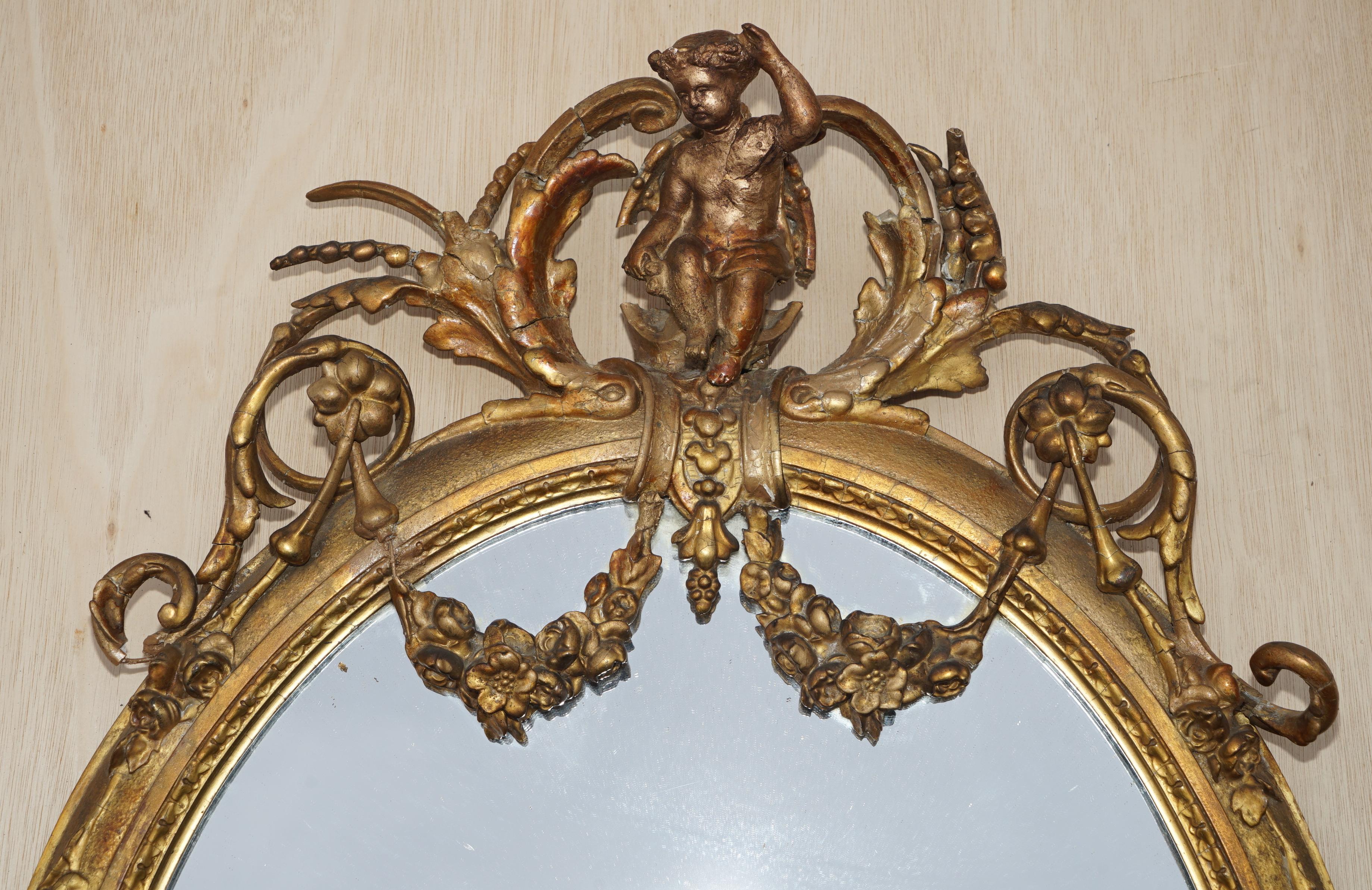 George III Original circa 1800 Gold Gilt Frame Girandole Mirror Carved Cherub Putti Angel For Sale
