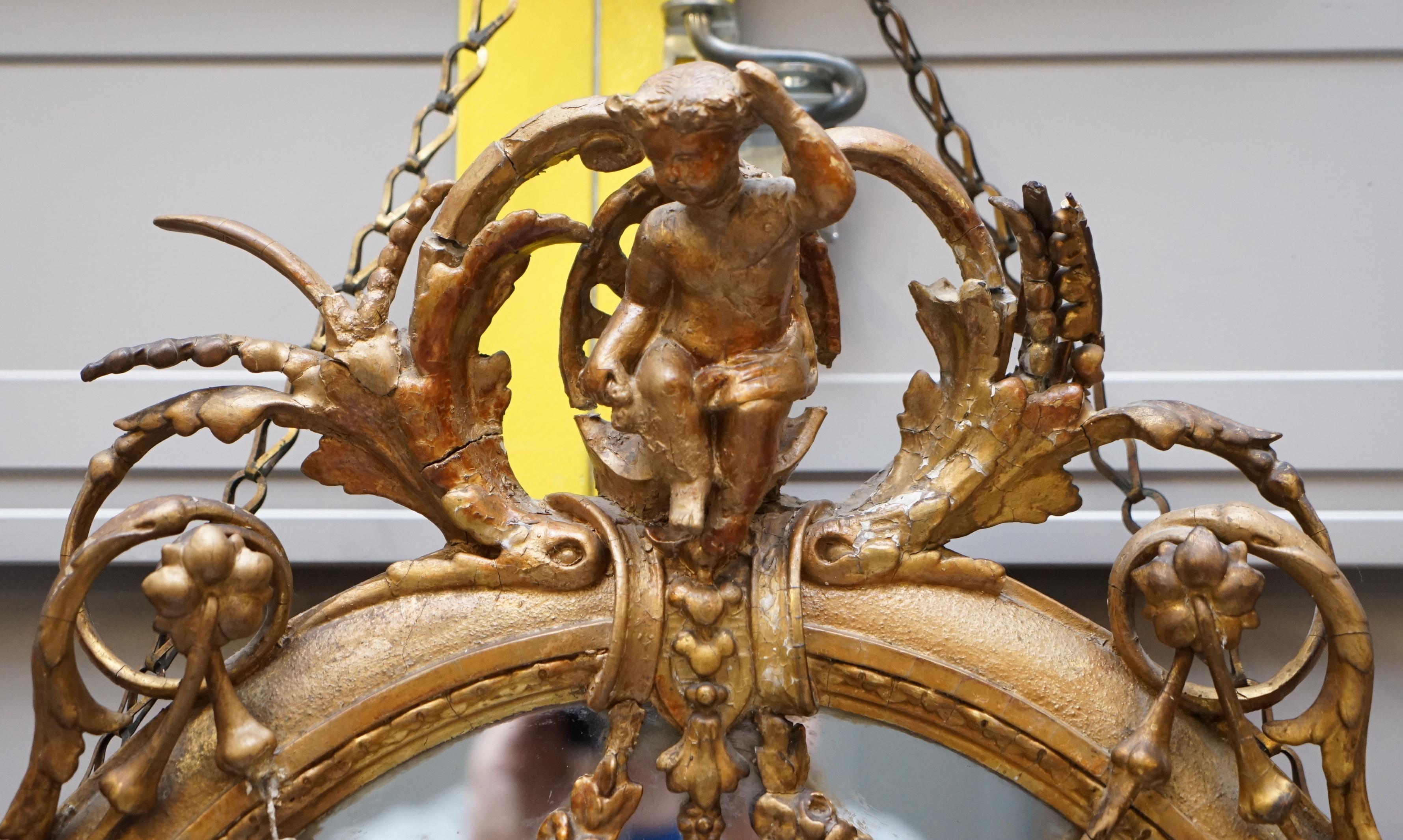 Anglais Miroir Girandole original circa 1800 cadre doré sculpté Cherub Putti Angel en vente