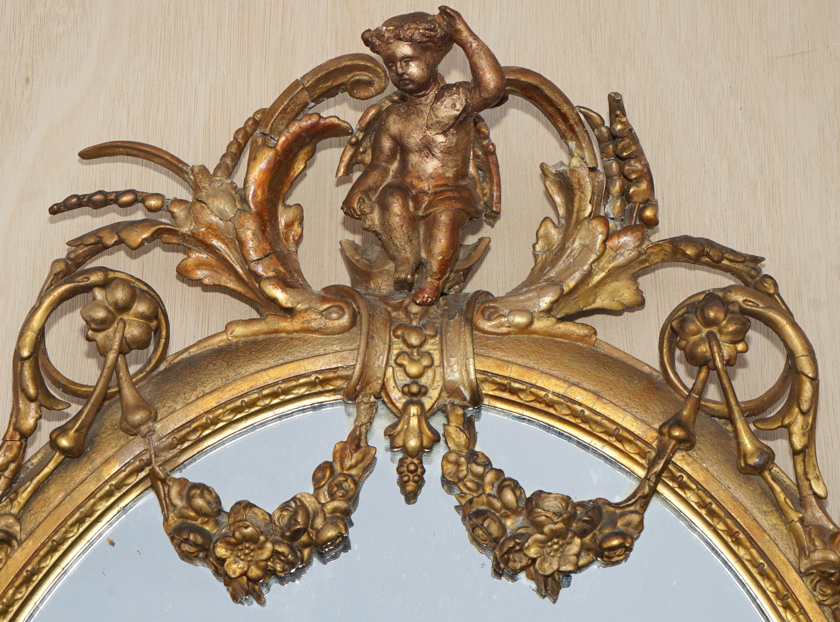 French Original circa 1800 Gold Gilt Frame Girandole Mirror Carved Cherub Putti Angel For Sale
