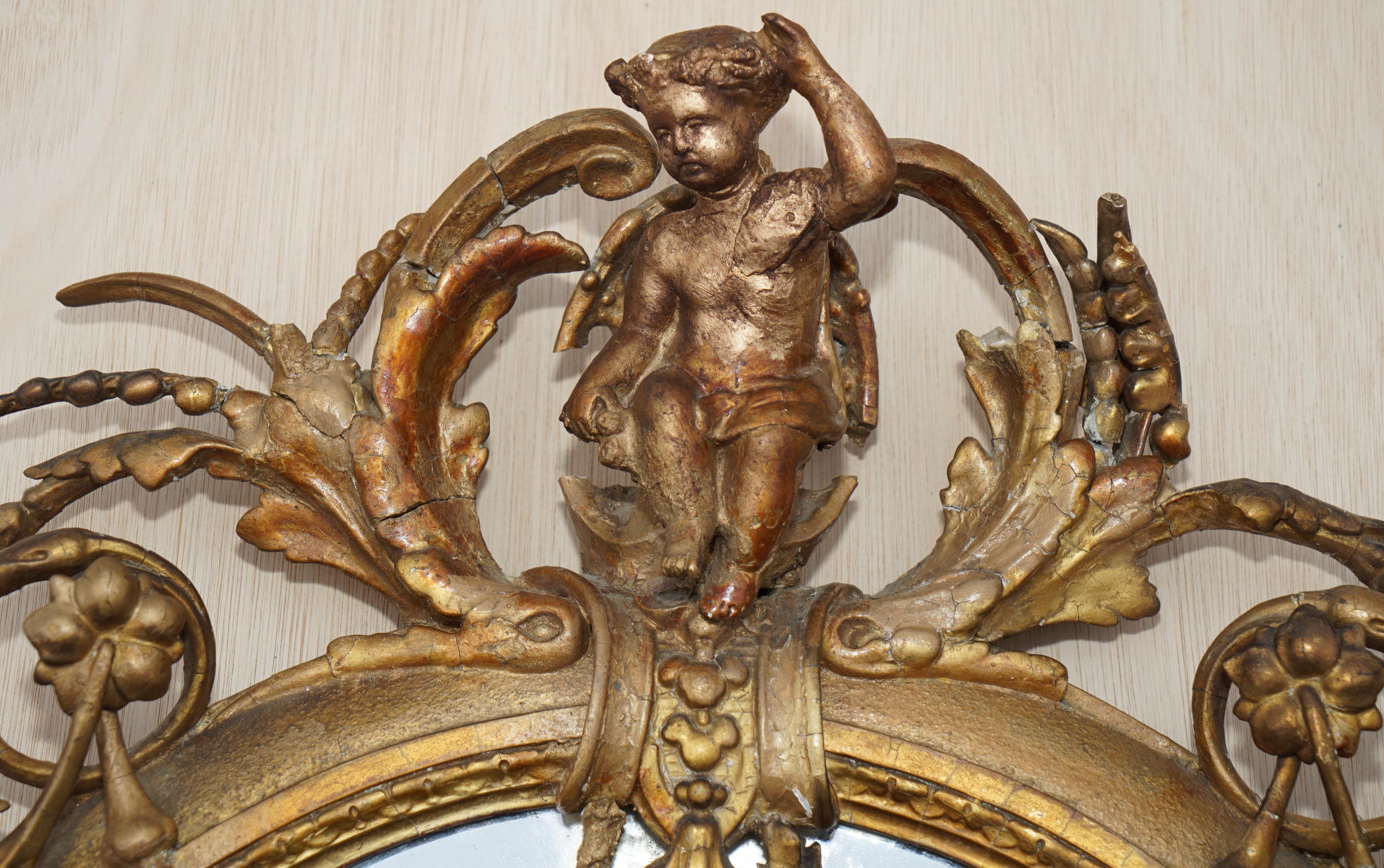 Original circa 1800 Gold Gilt Frame Girandole Mirror Carved Cherub Putti Angel In Good Condition For Sale In West Sussex, Pulborough