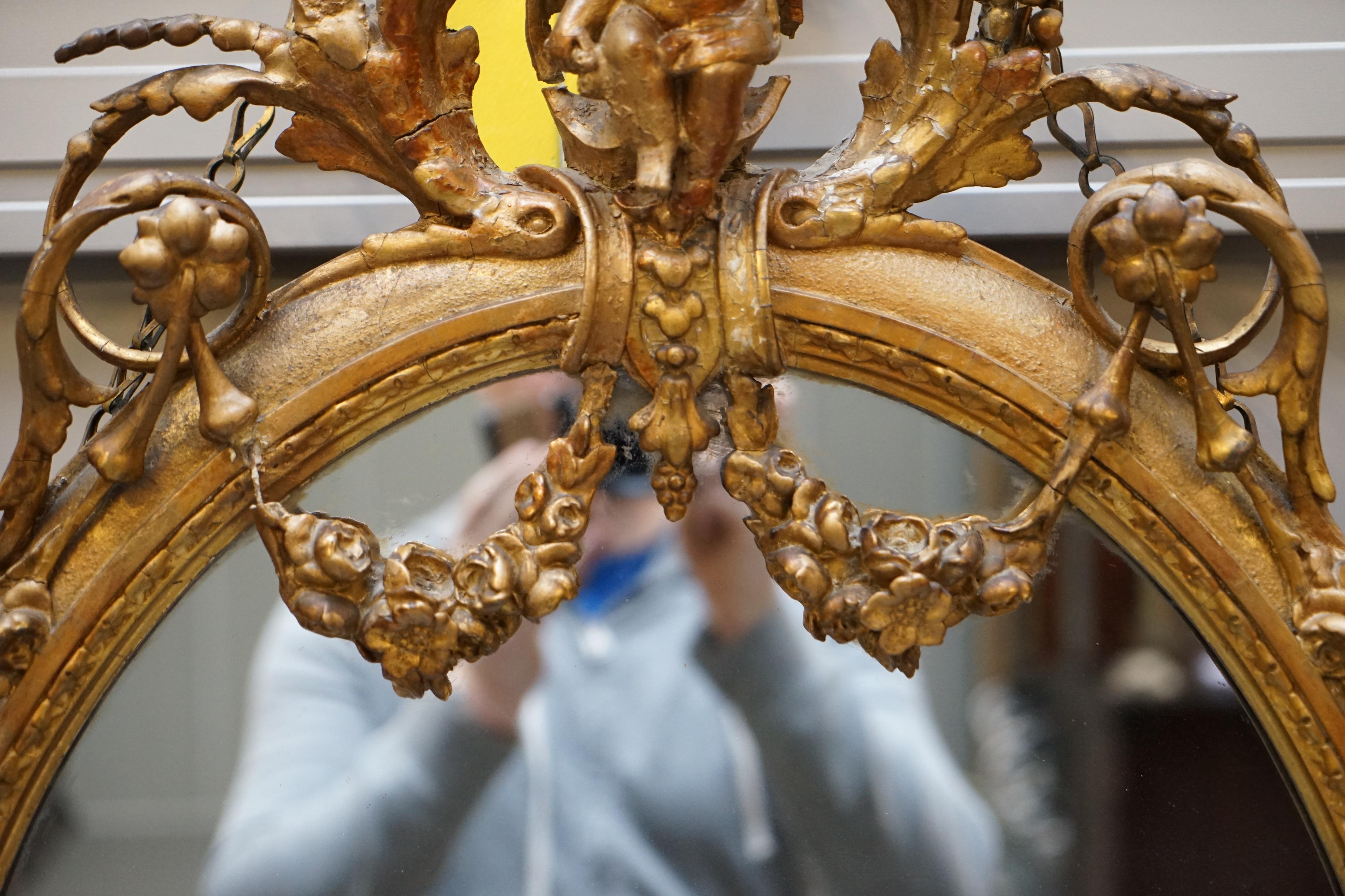 George III Original circa 1800 Gold Gilt Frame Girandole Mirror Carved Cherub Putti Angel