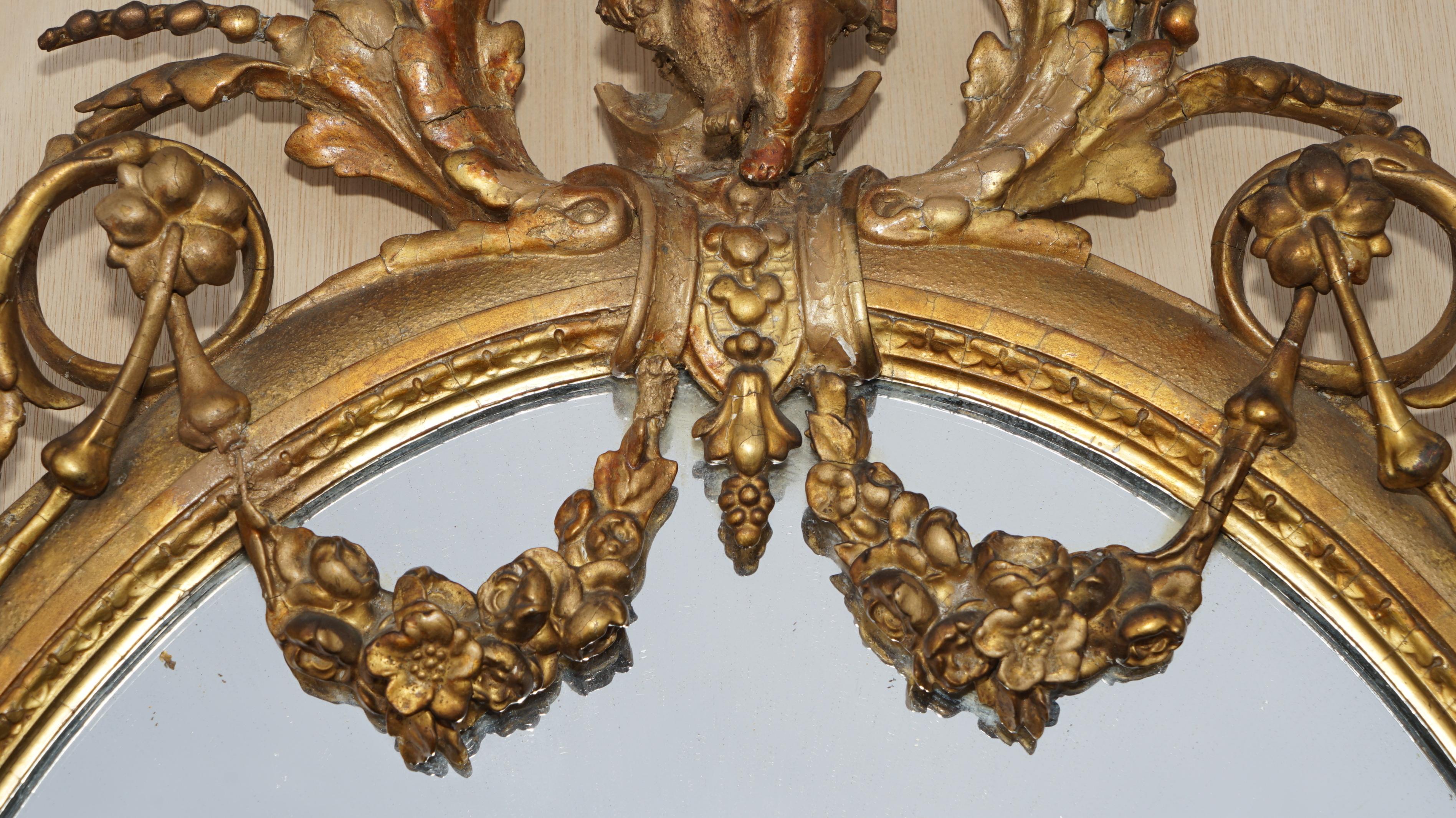 Early 19th Century Original circa 1800 Gold Gilt Frame Girandole Mirror Carved Cherub Putti Angel For Sale