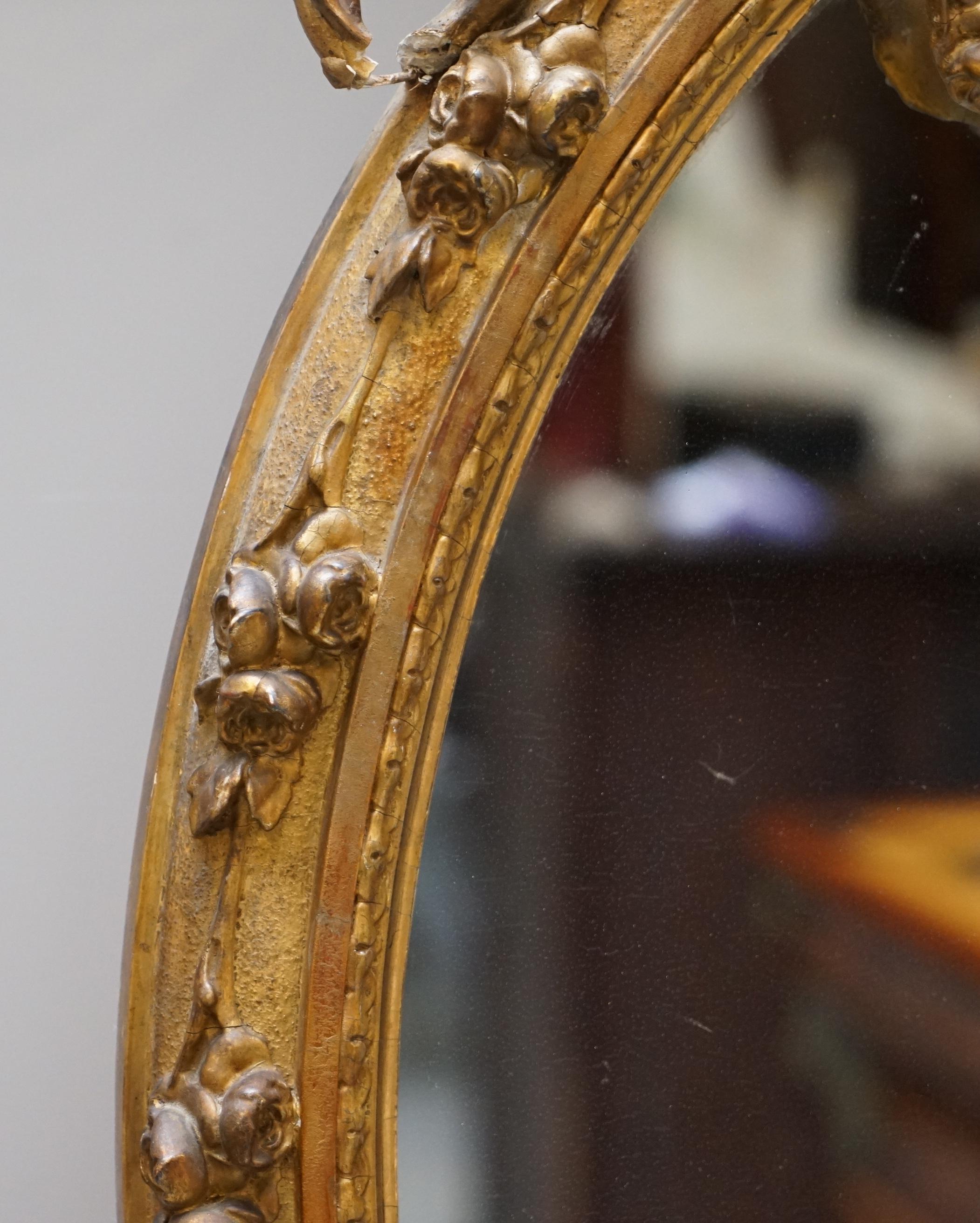 English Original circa 1800 Gold Gilt Frame Girandole Mirror Carved Cherub Putti Angel For Sale