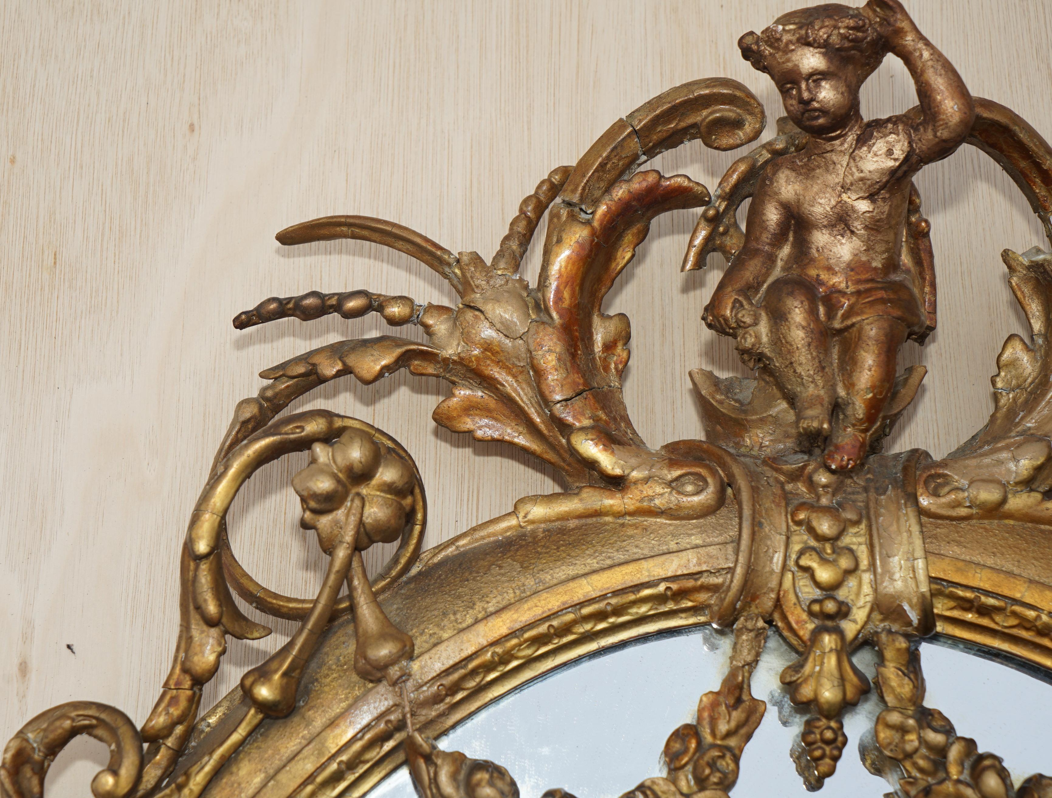 Original circa 1800 Gold Gilt Frame Girandole Mirror Carved Cherub Putti Angel For Sale 1