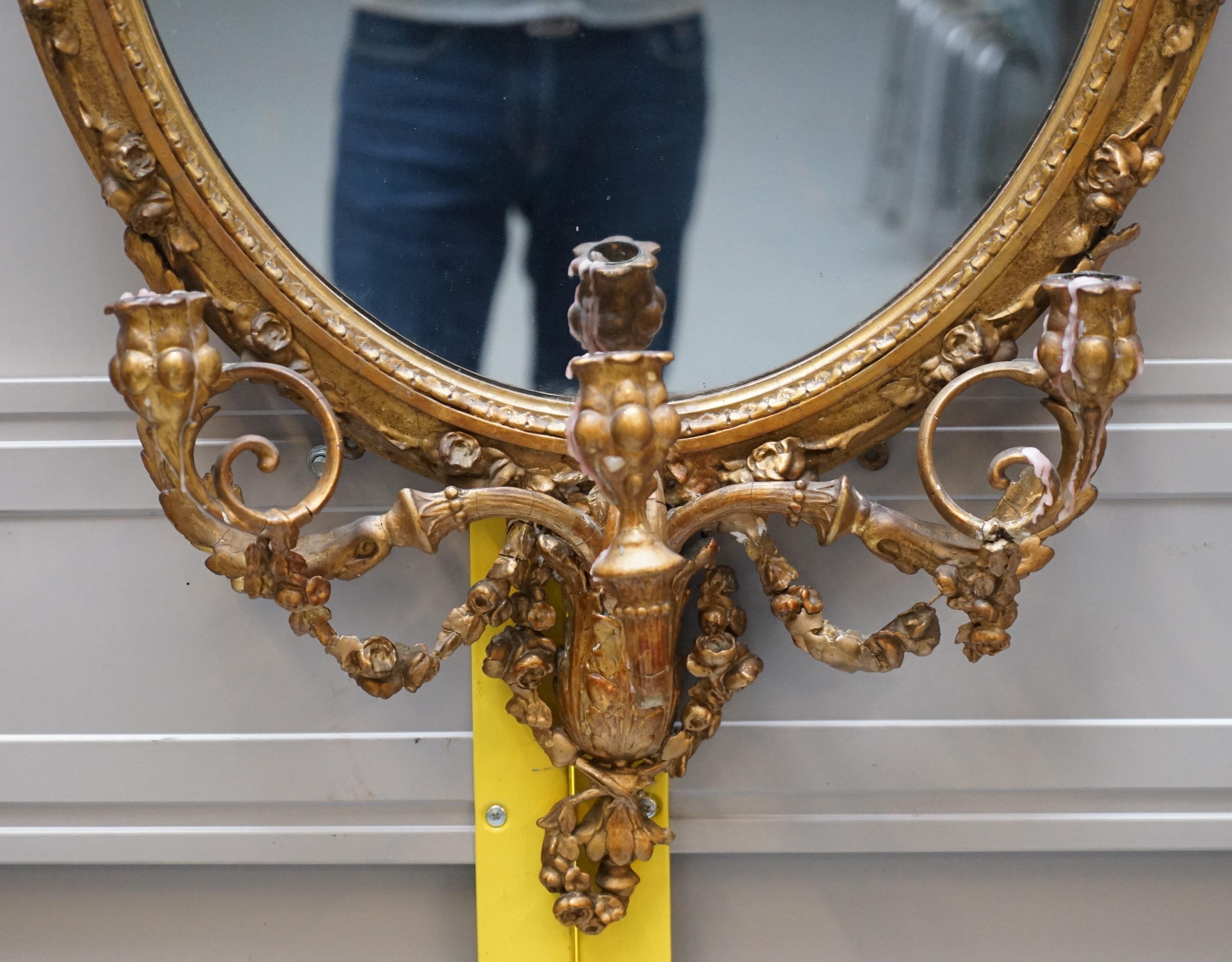 Hand-Crafted Original circa 1800 Gold Gilt Frame Girandole Mirror Carved Cherub Putti Angel For Sale