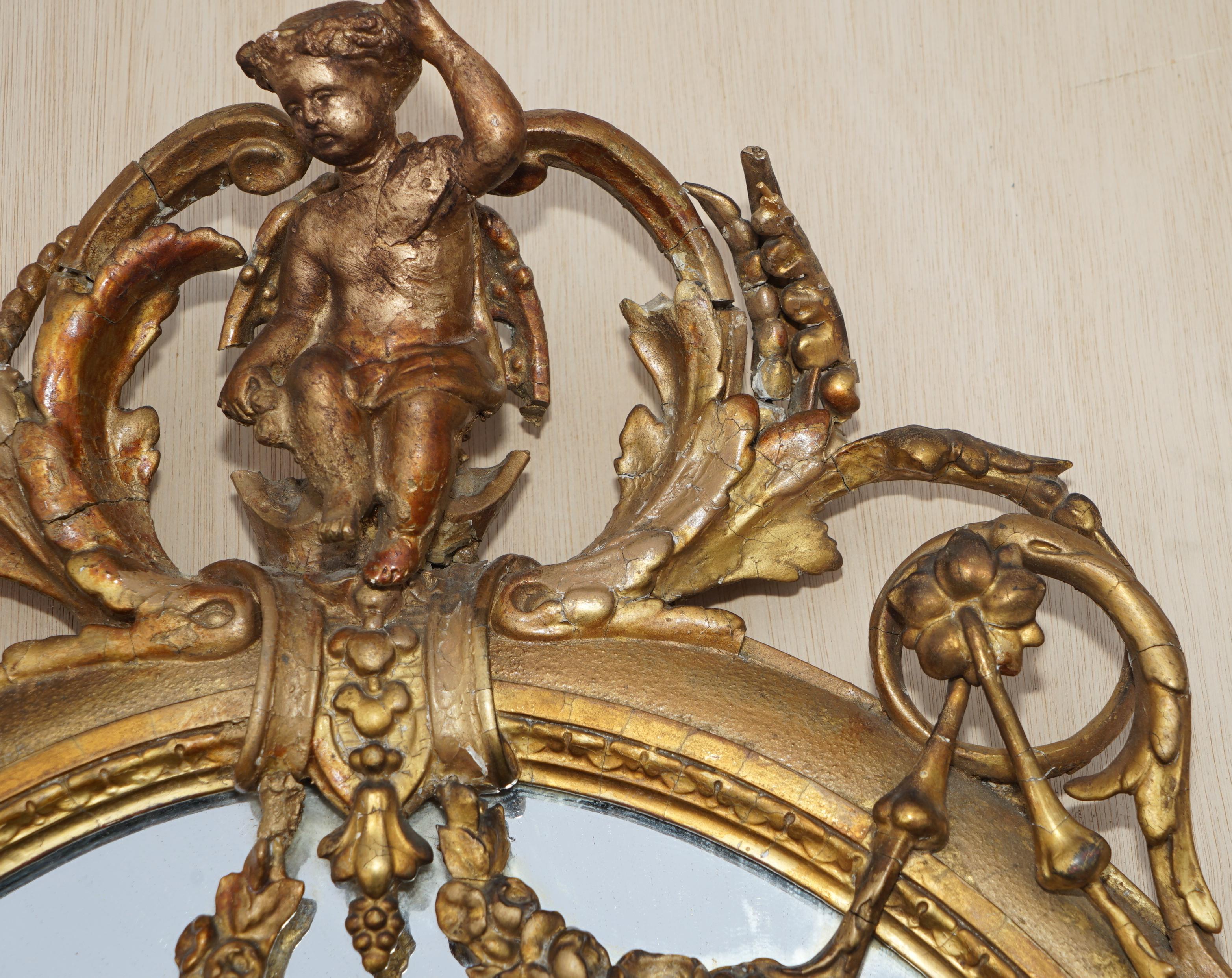 Original circa 1800 Gold Gilt Frame Girandole Mirror Carved Cherub Putti Angel For Sale 2