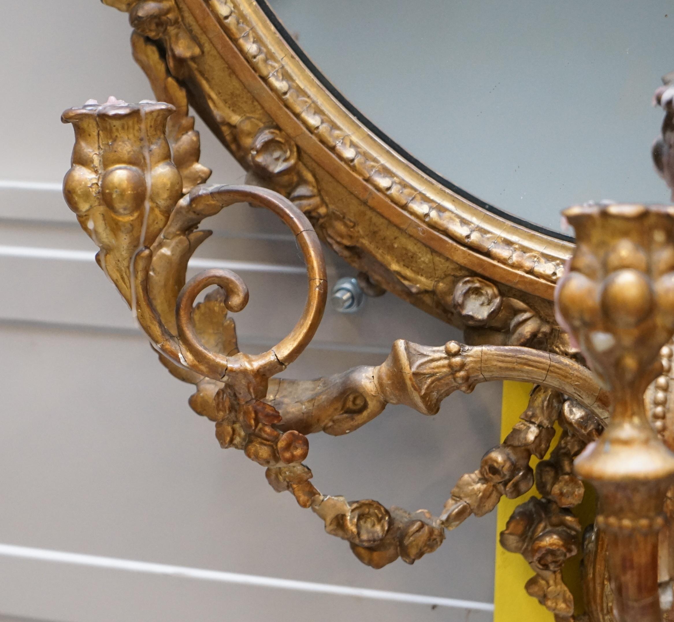 Early 19th Century Original circa 1800 Gold Gilt Frame Girandole Mirror Carved Cherub Putti Angel For Sale