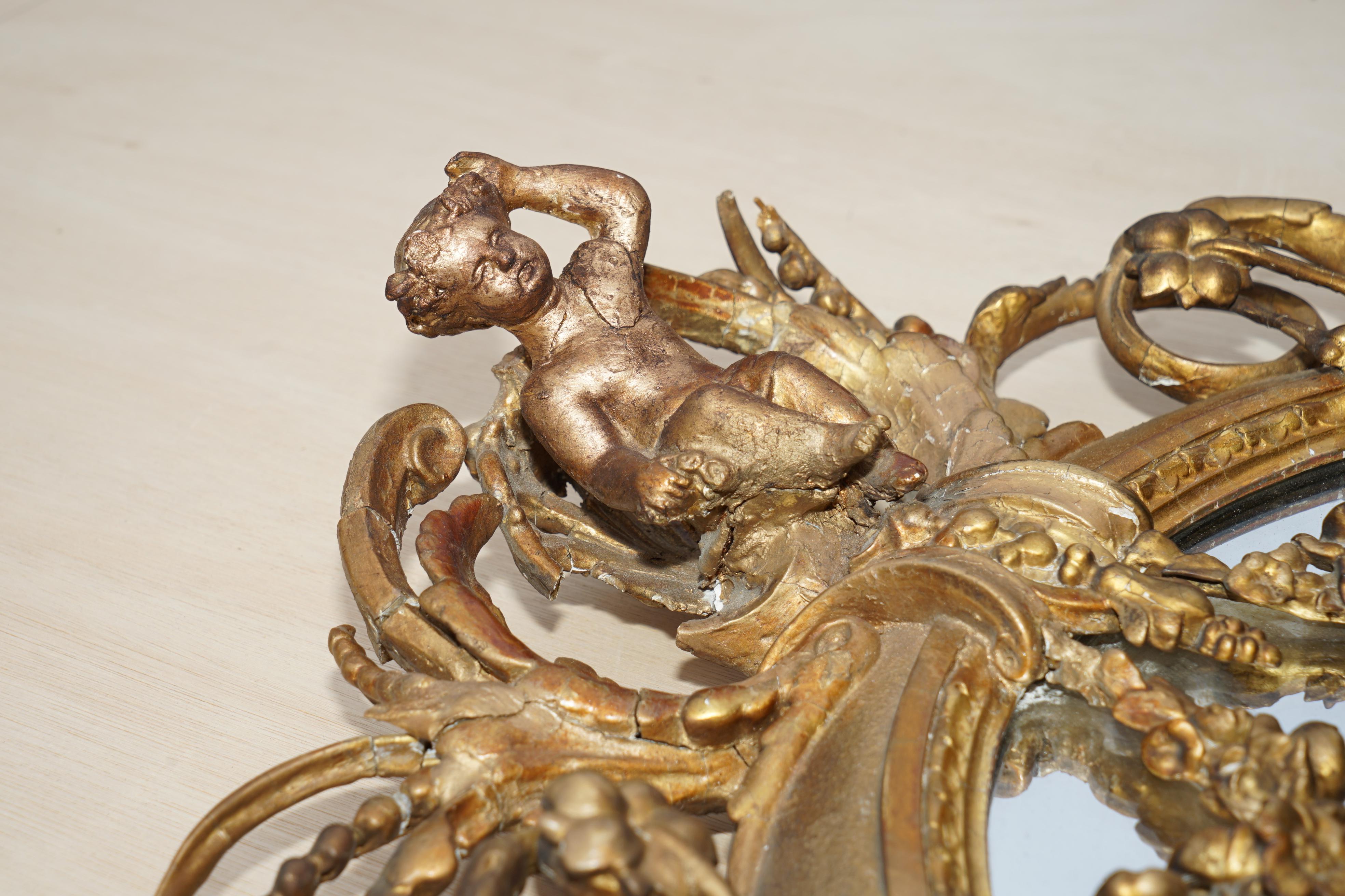 Original circa 1800 Gold Gilt Frame Girandole Mirror Carved Cherub Putti Angel For Sale 3