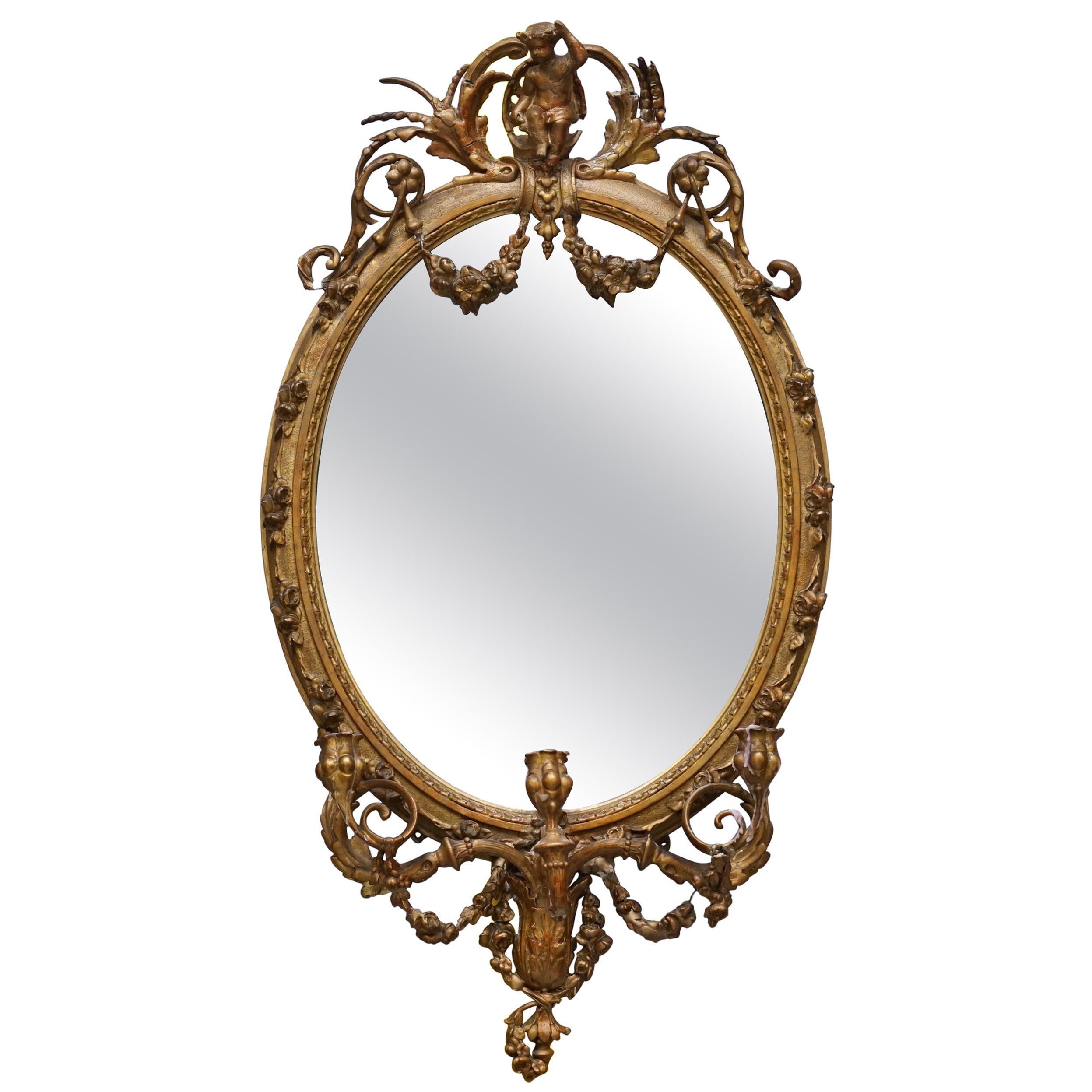 Original circa 1800 Gold Gilt Frame Girandole Mirror Carved Cherub Putti Angel